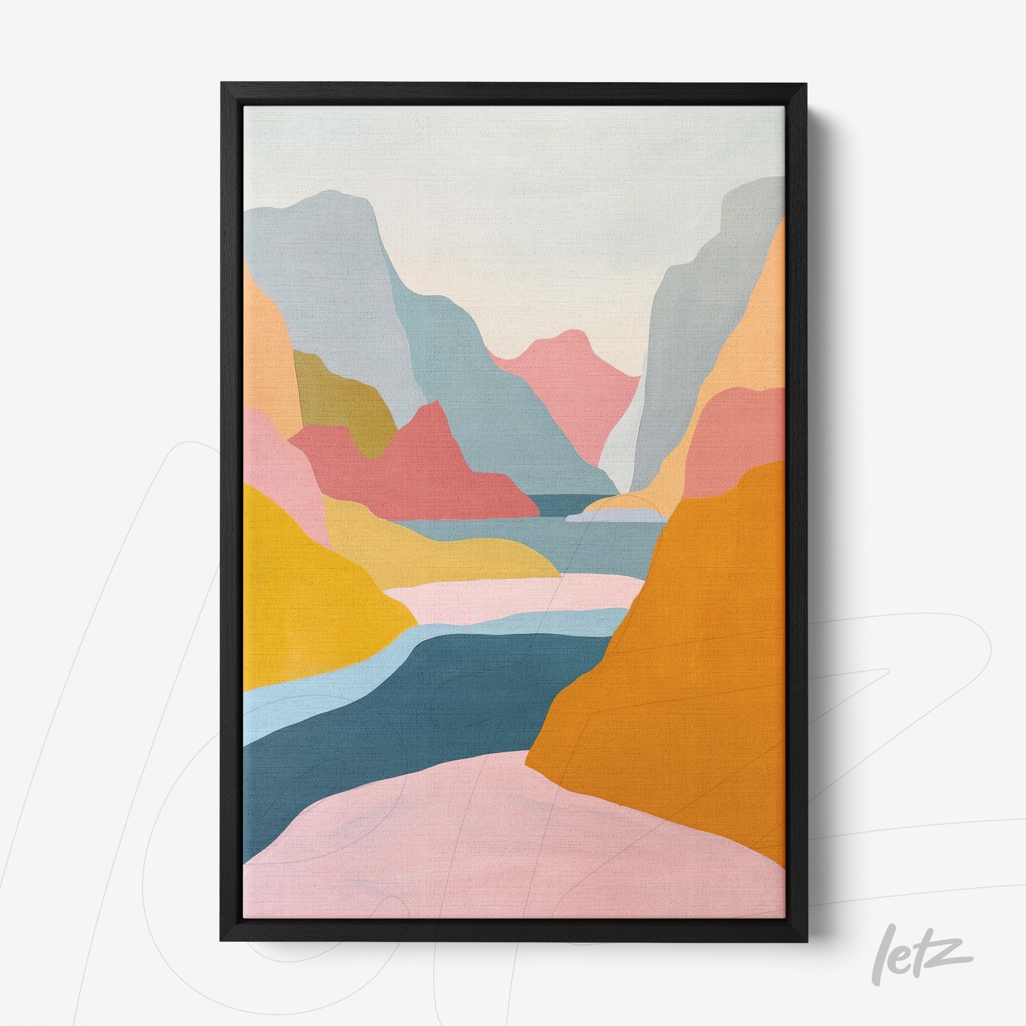 framed abstract art in pastel colors depicting mountains and a river