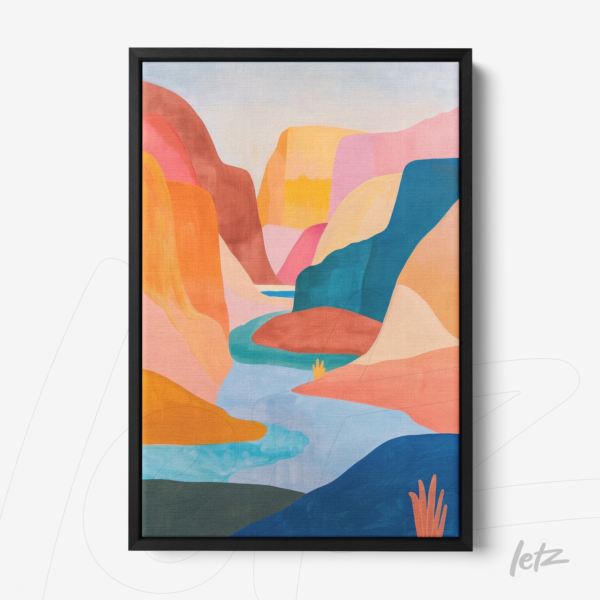 framed artwork featuring an abstract landscape in warm shades of mountains and river