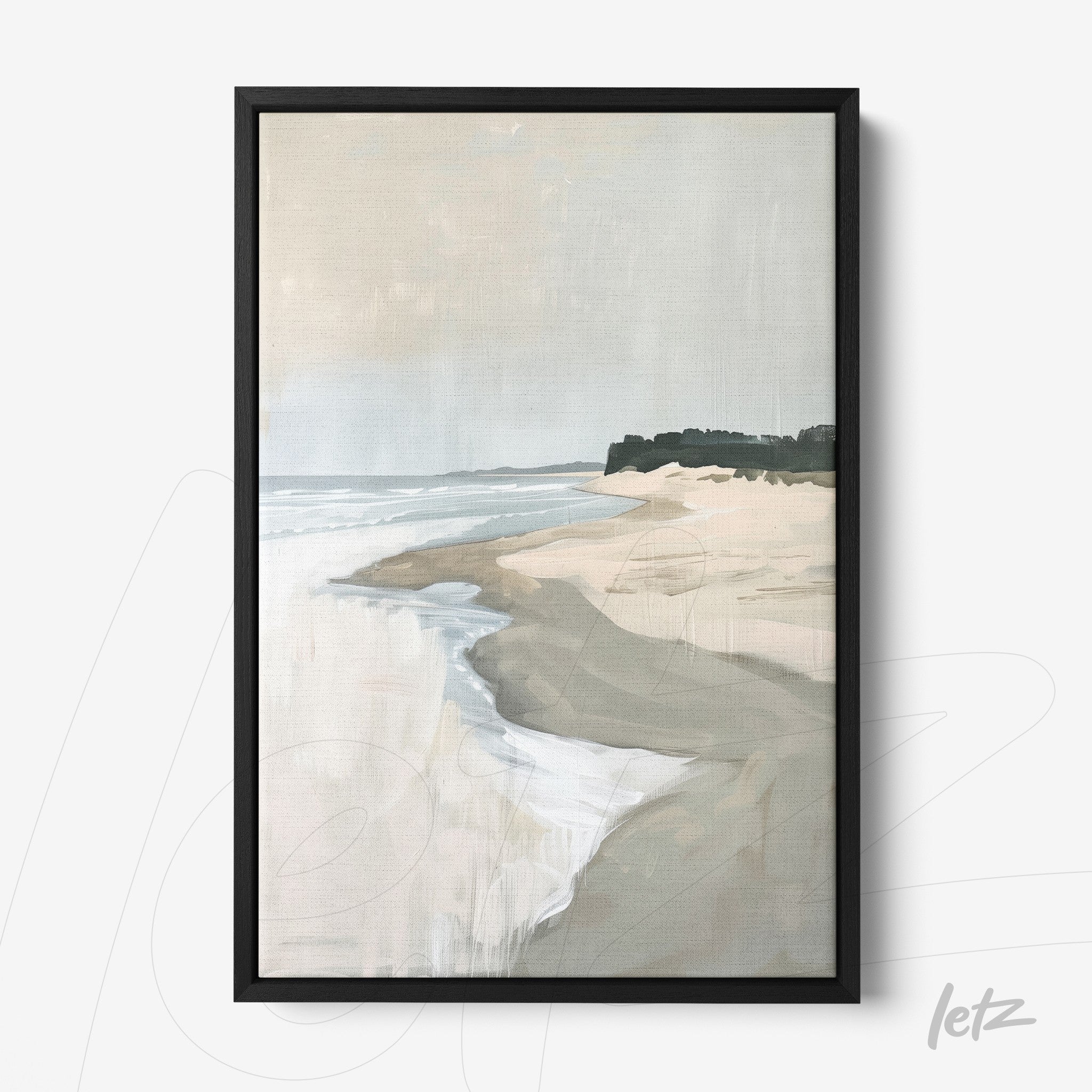 framed wall art featuring an abstract coastal landscape with sand, water, and vegetation in black frame