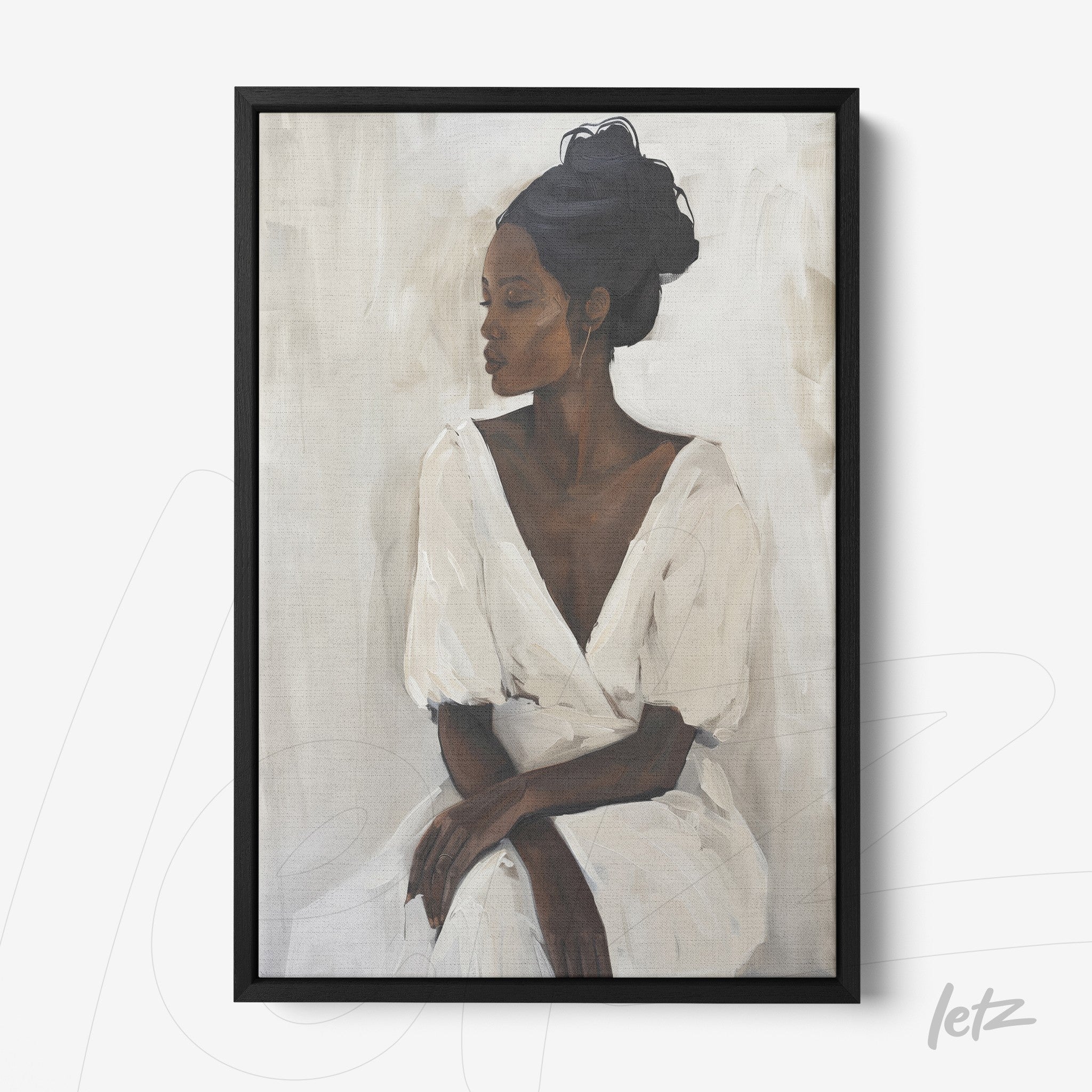 framed artwork depicting a woman in a white dress with a black frame