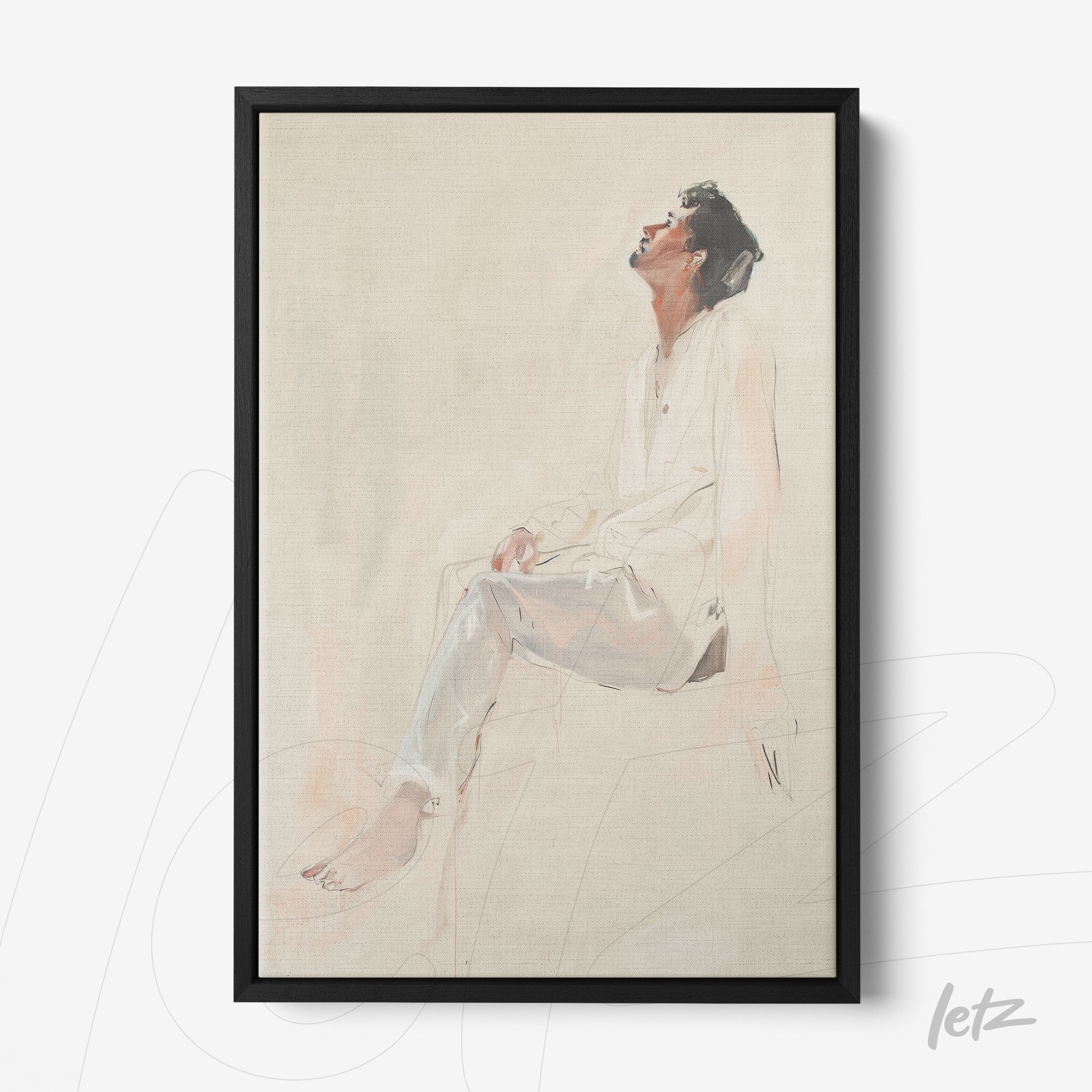 framed minimalist art of a seated human figure in soft tones