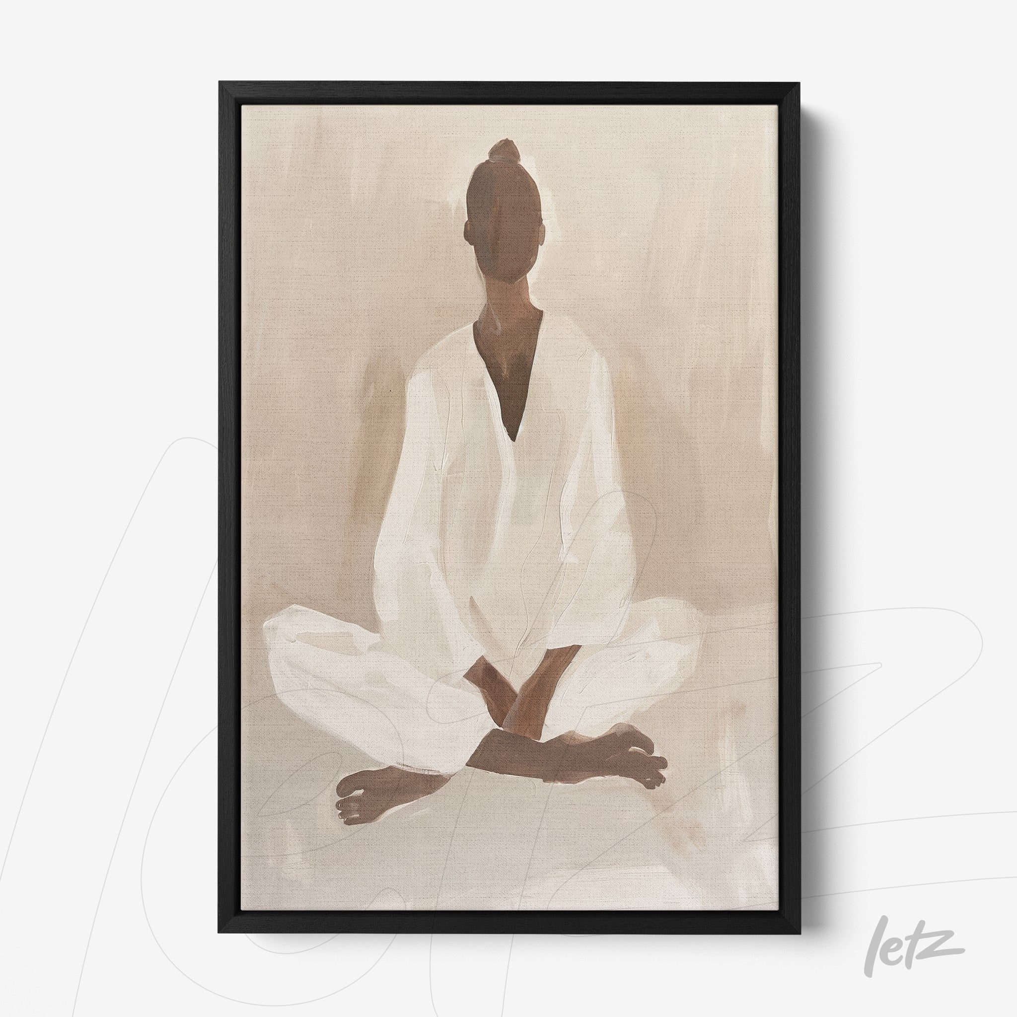 minimalist framed artwork of a meditating figure in neutral tones