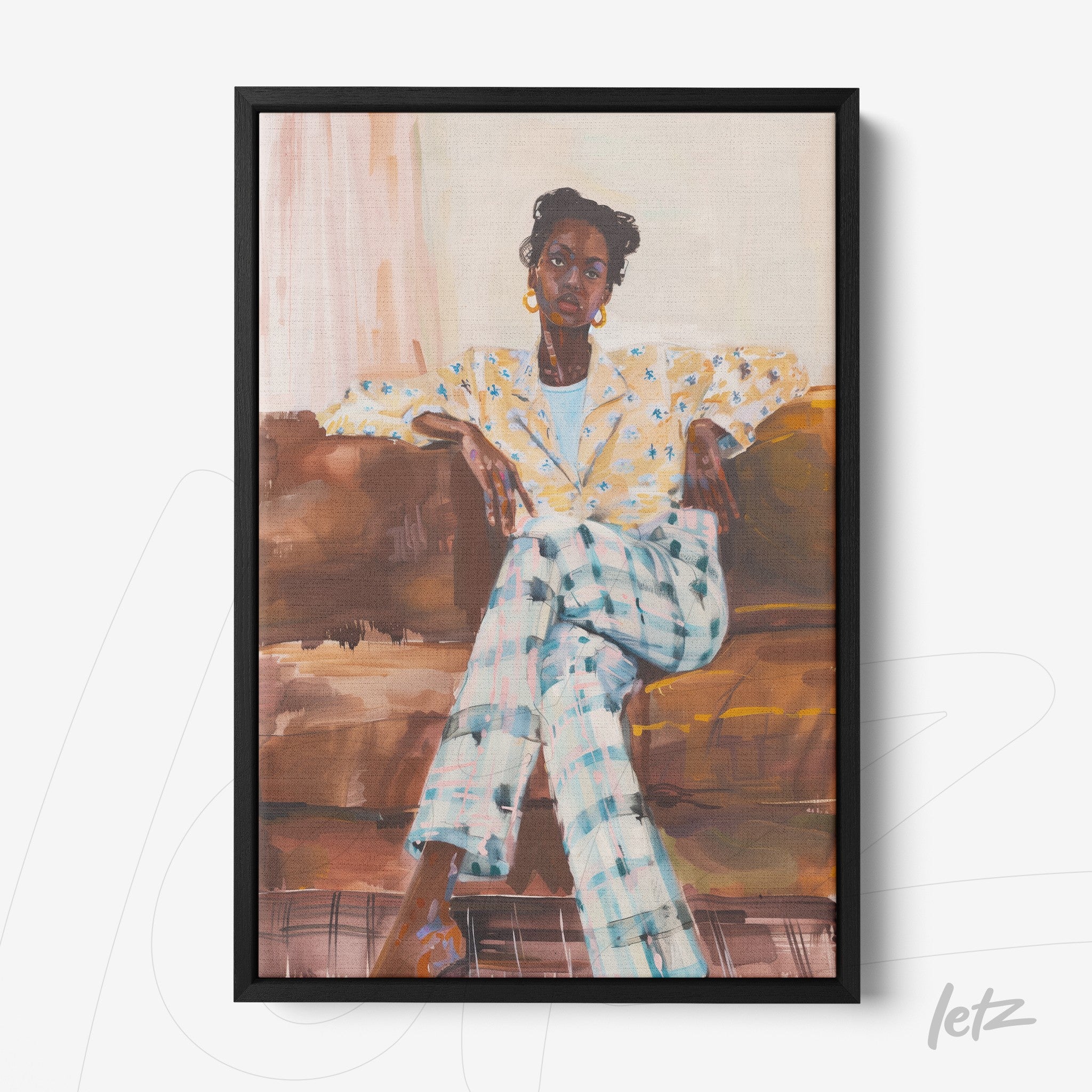 framed art illustration of a seated woman on a sofa wearing a yellow blazer and blue and white checkered pants