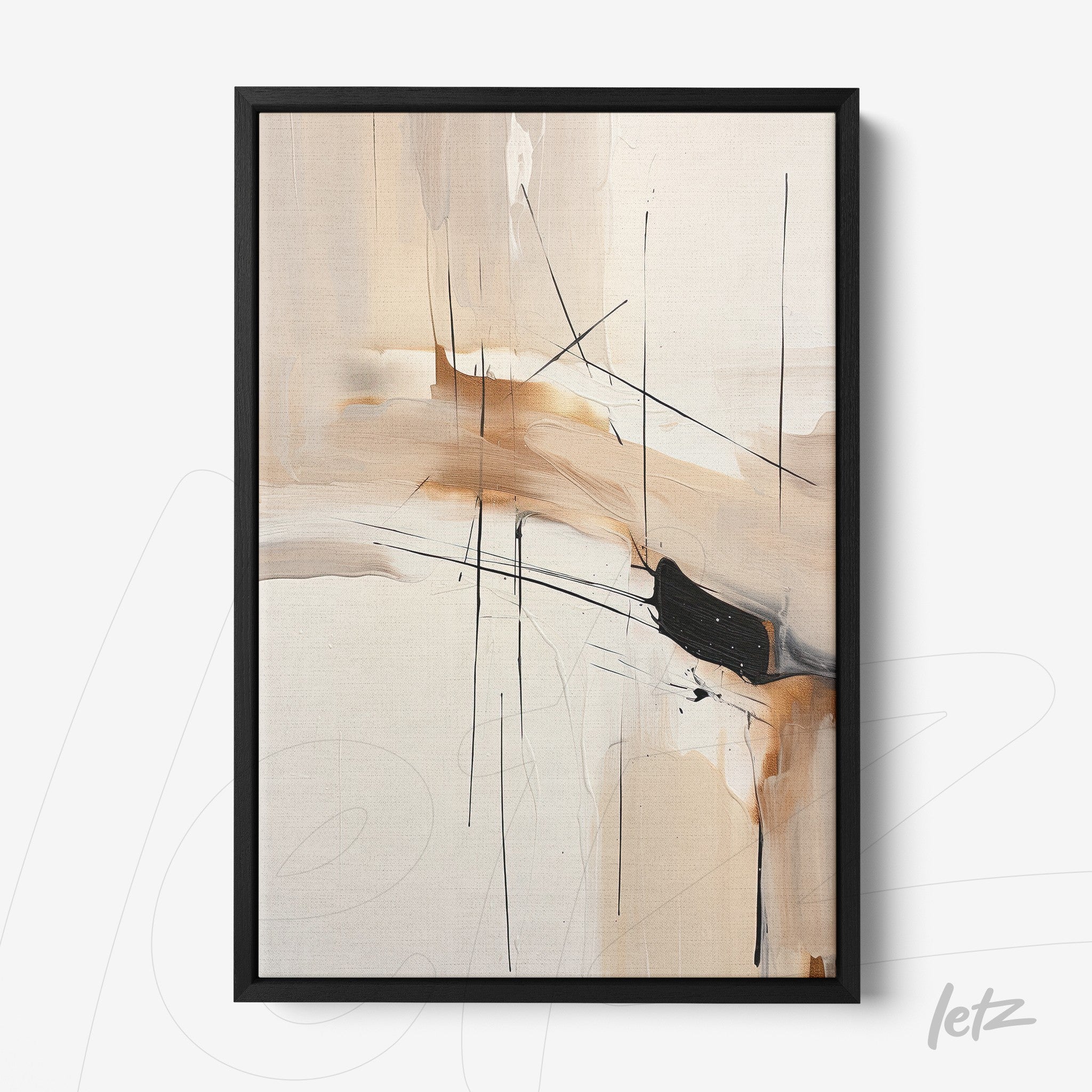 abstract artwork in beige and black tones framed in black frame