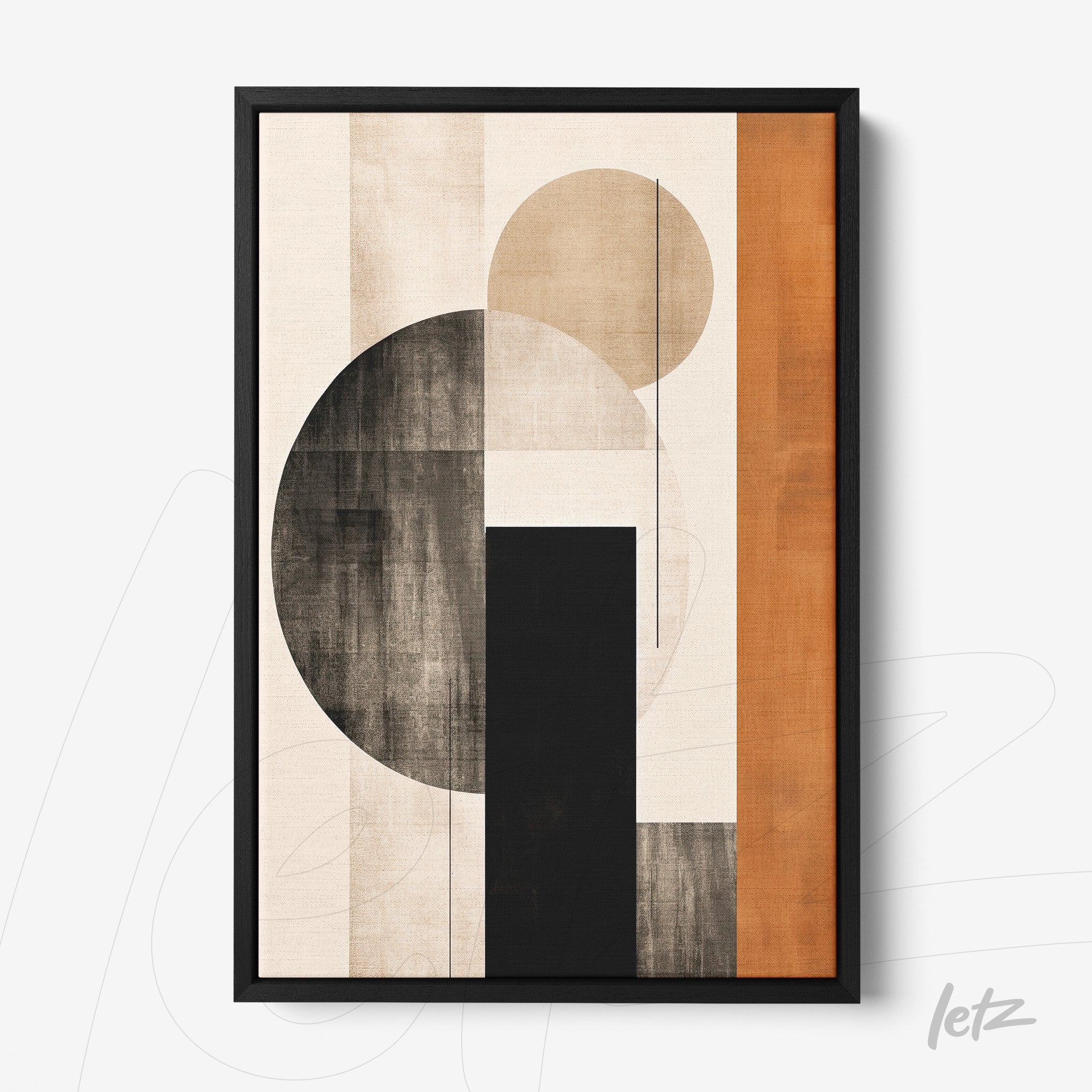 abstract wall art featuring neutral tones with geometric shapes like circles and rectangles in a black frame