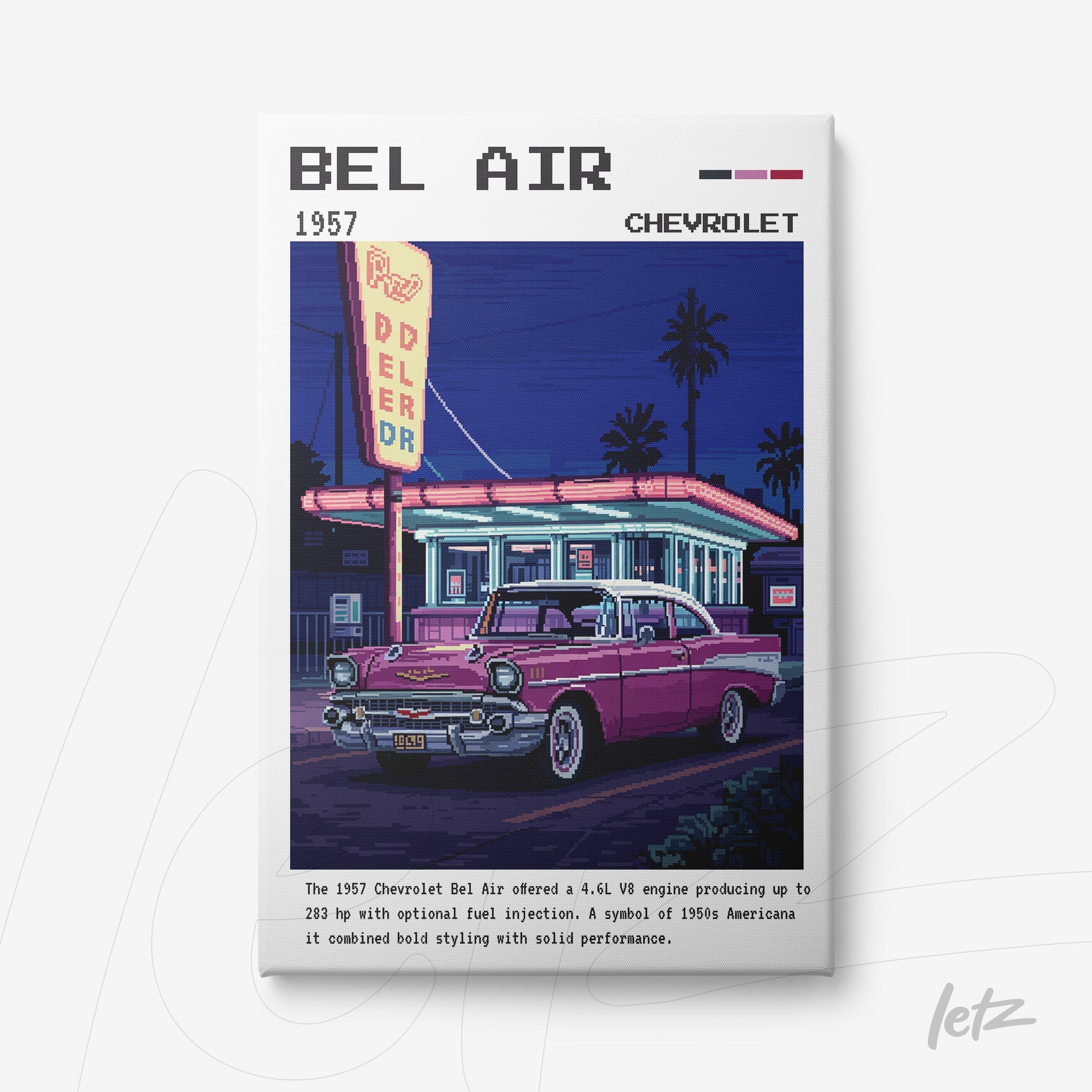 pixel art of a 1957 Chevrolet Bel Air in front of a vintage gas station