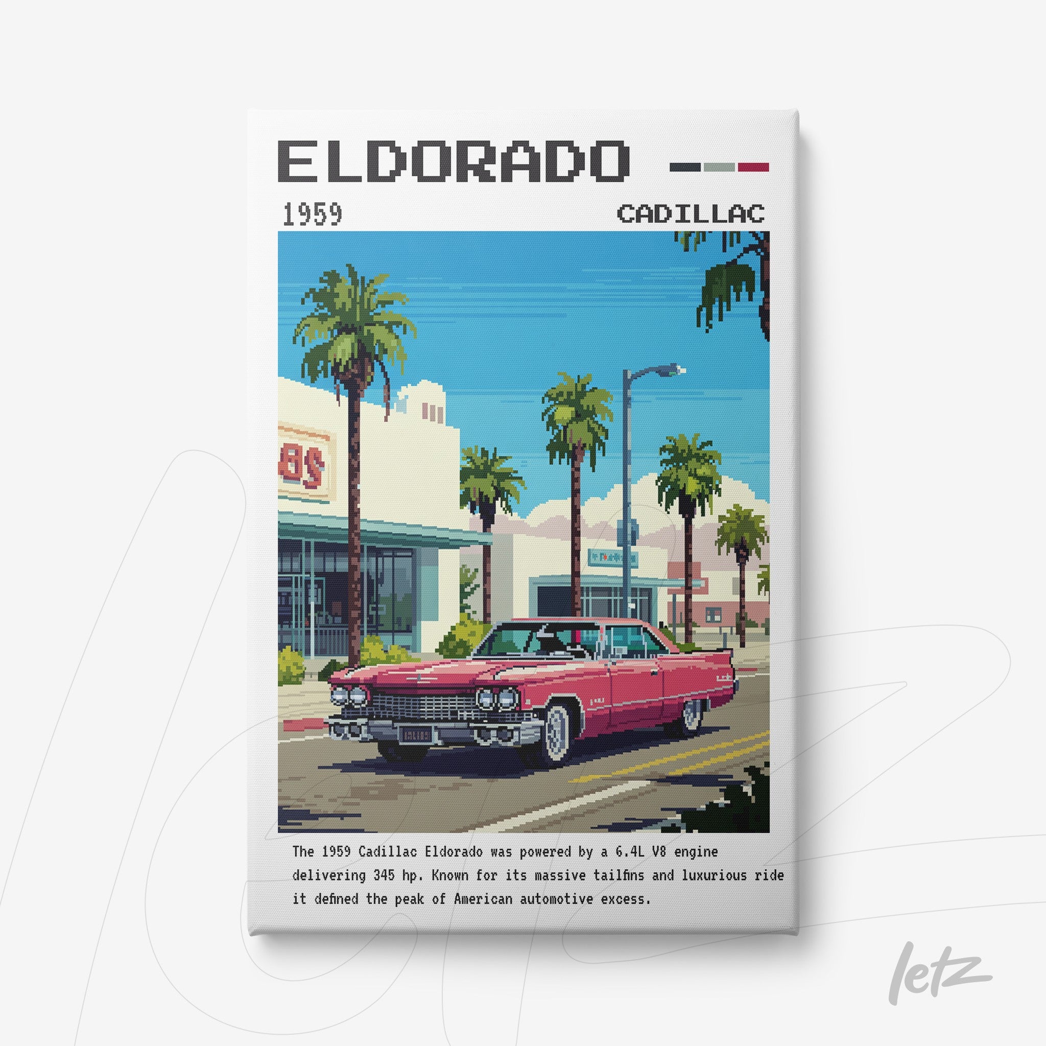 retro digital art of a 1959 Cadillac Eldorado parked in an urban setting with palm trees