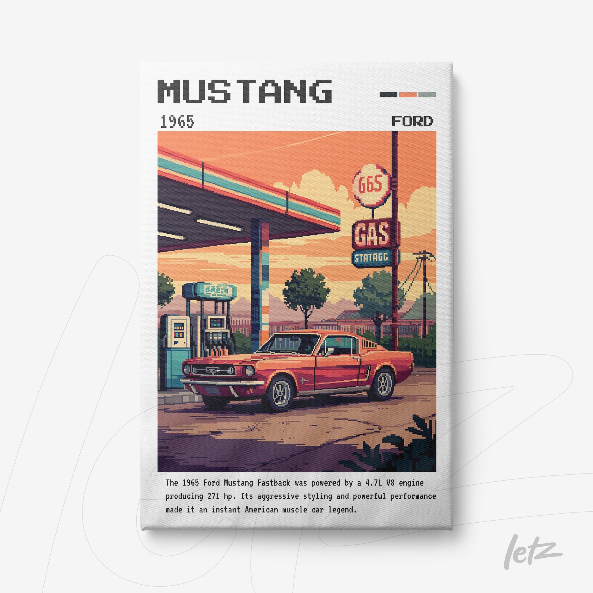 pixel art wall art featuring a 1965 Ford Mustang parked at a gas station, with warm background colors and retro pixel details