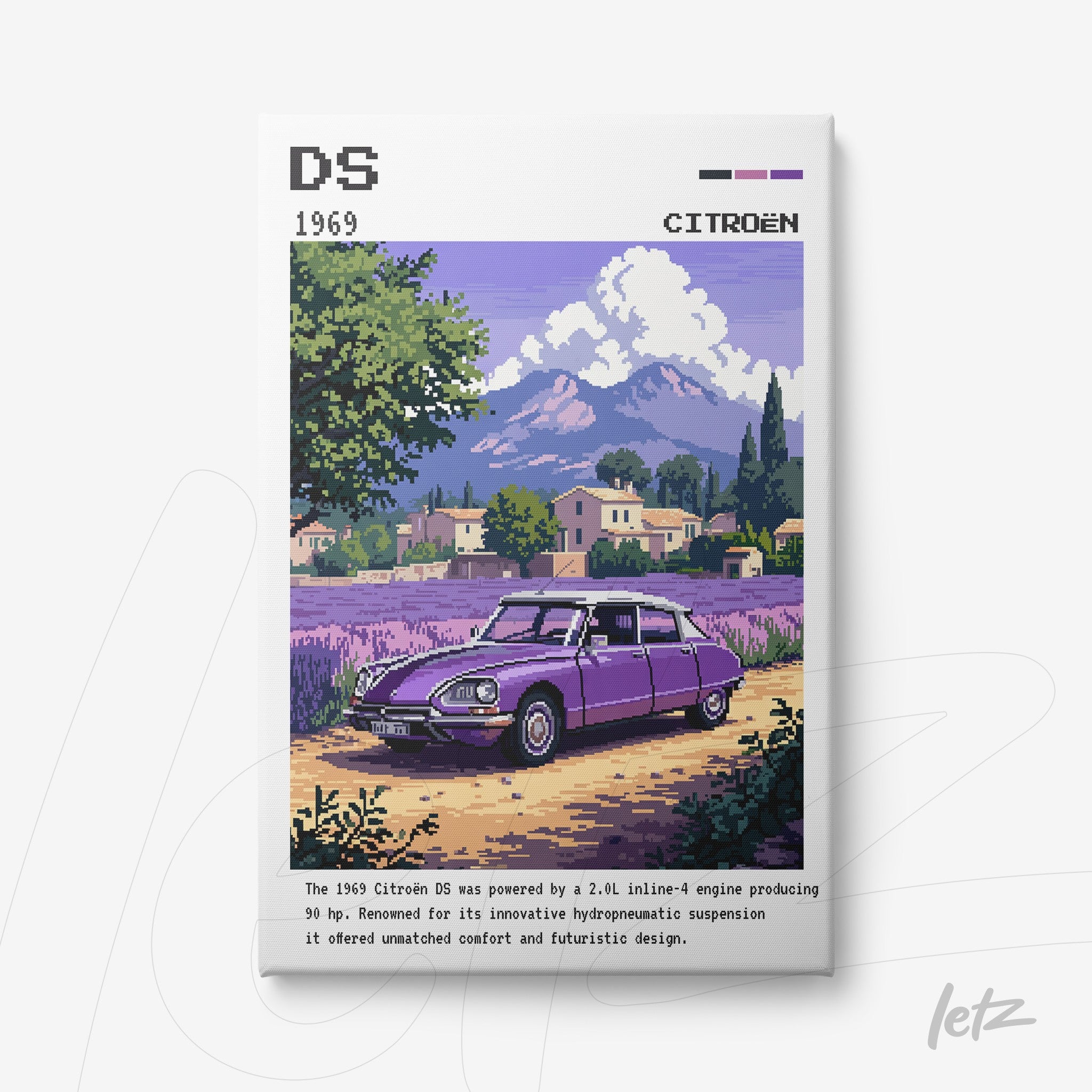 digital artwork featuring a 1969 Citroën DS in a countryside scene with mountains in the background and a lavender field
