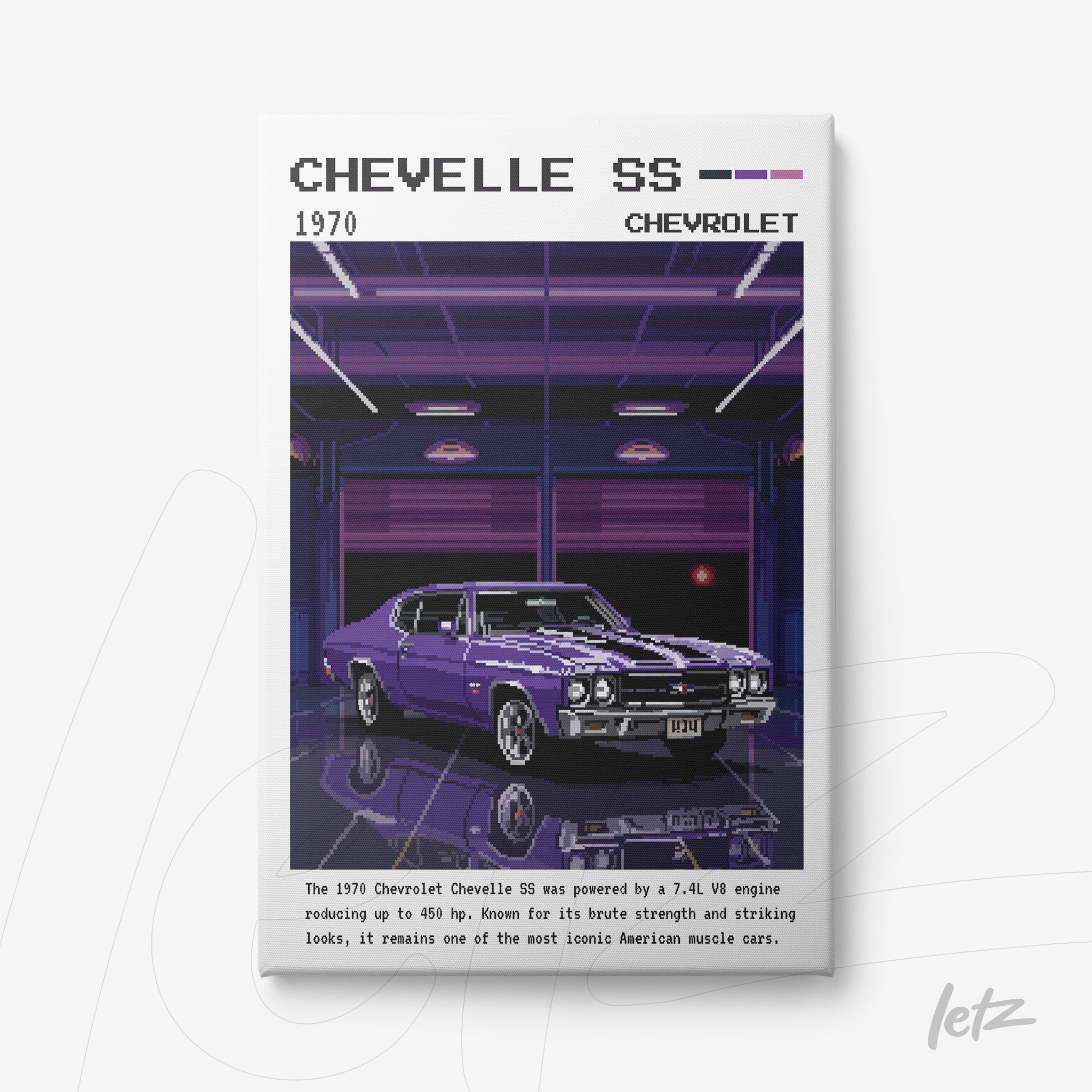 pixel art wall art featuring a 1970 Chevelle SS in dark garage background, highlighting the purple car and retro details