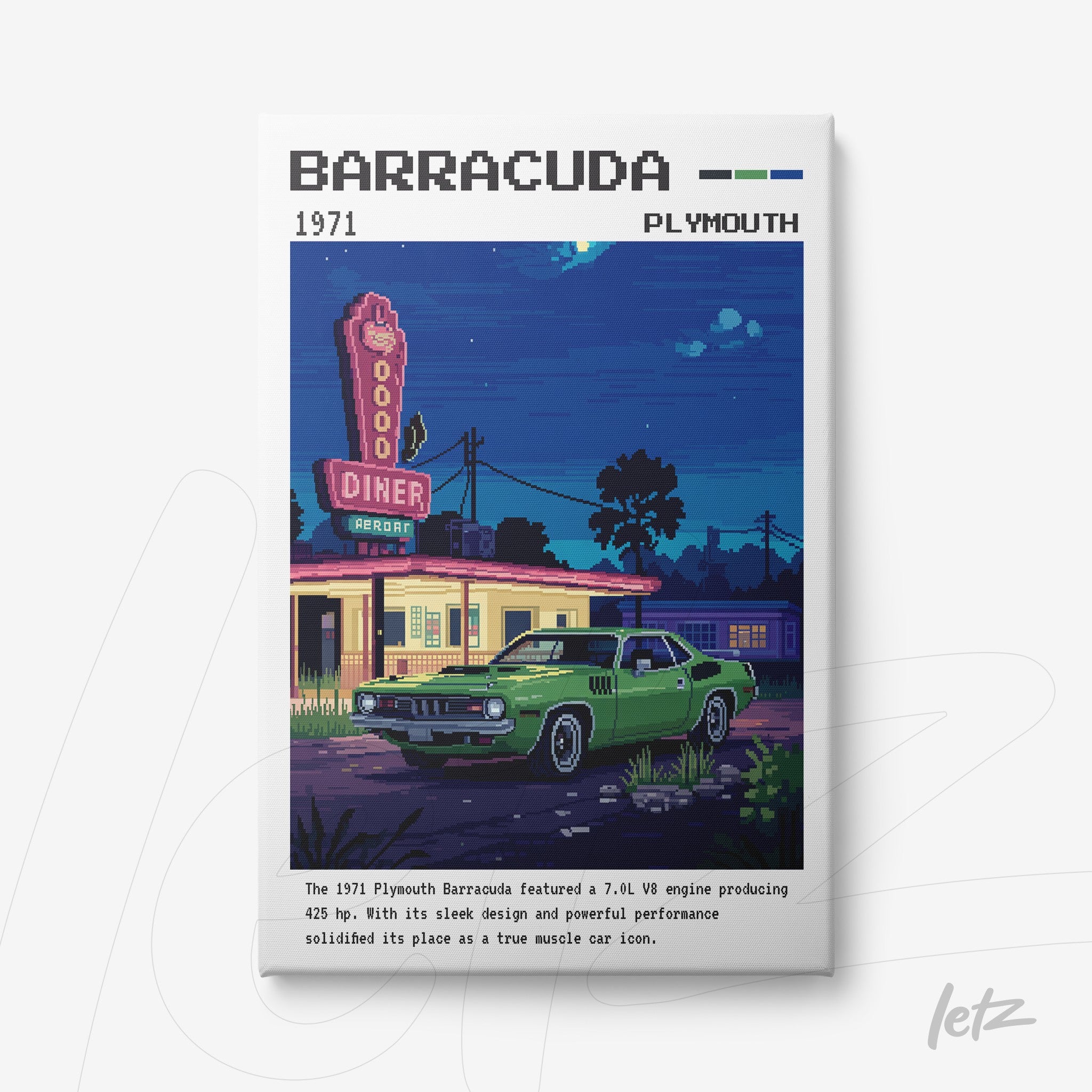 retro-style wall art featuring a Plymouth Barracuda in front of a diner, with vibrant colors and pixelated details