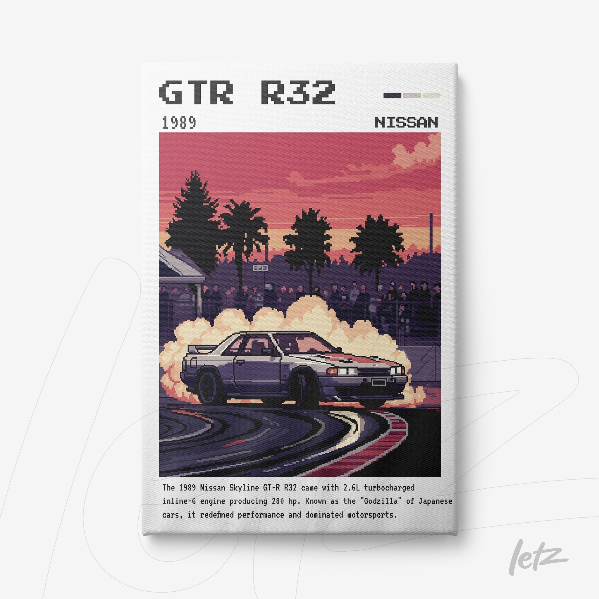 retro style artwork featuring a Nissan Skyline GT-R R32 drifting on a track surrounded by palm trees and tire smoke