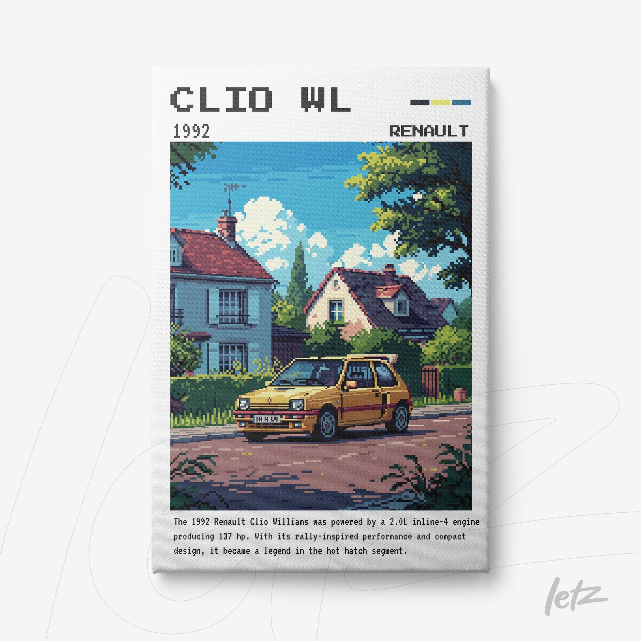 pixel art print featuring a yellow Renault Clio Williams parked in front of suburban houses on a quiet street