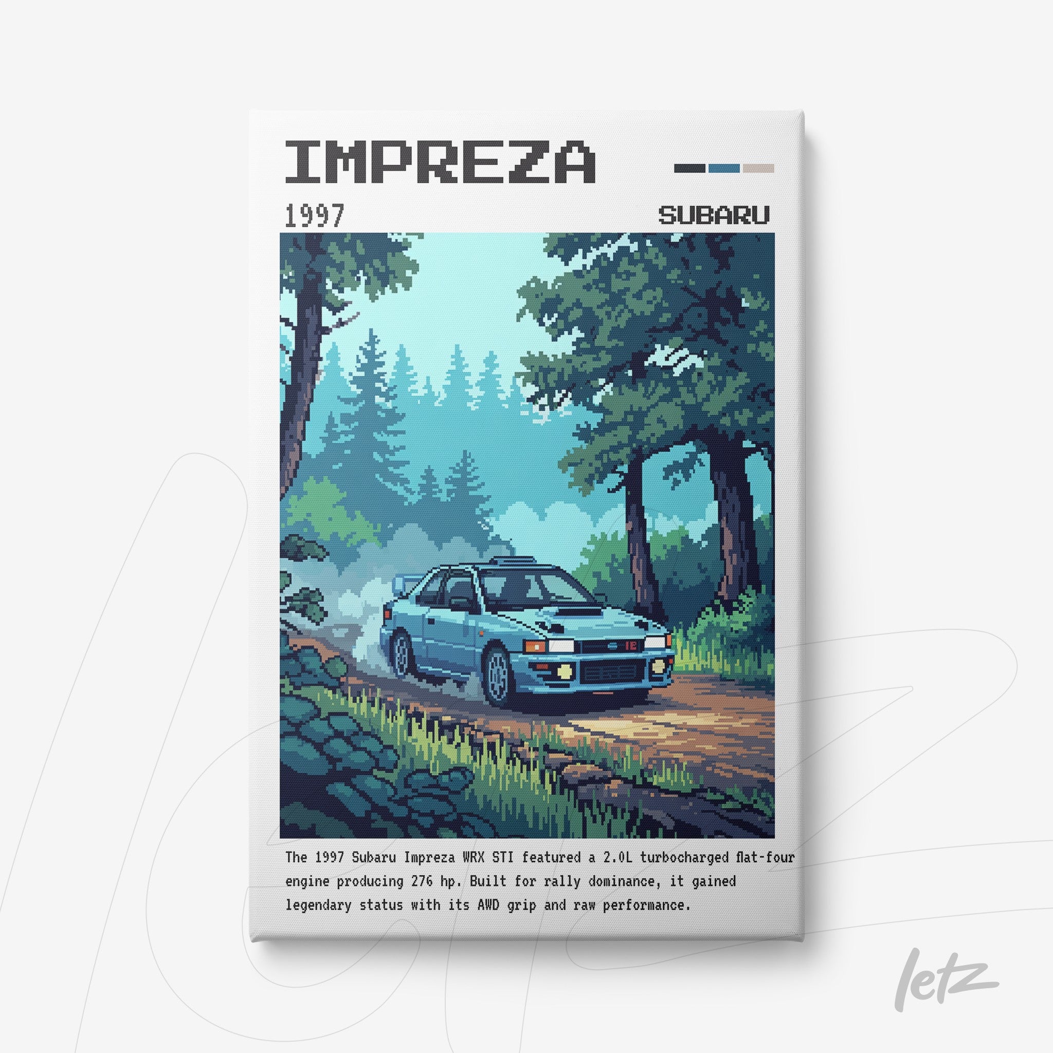 framed digital art of a Subaru Impreza WRX STI driving on a tree-lined road