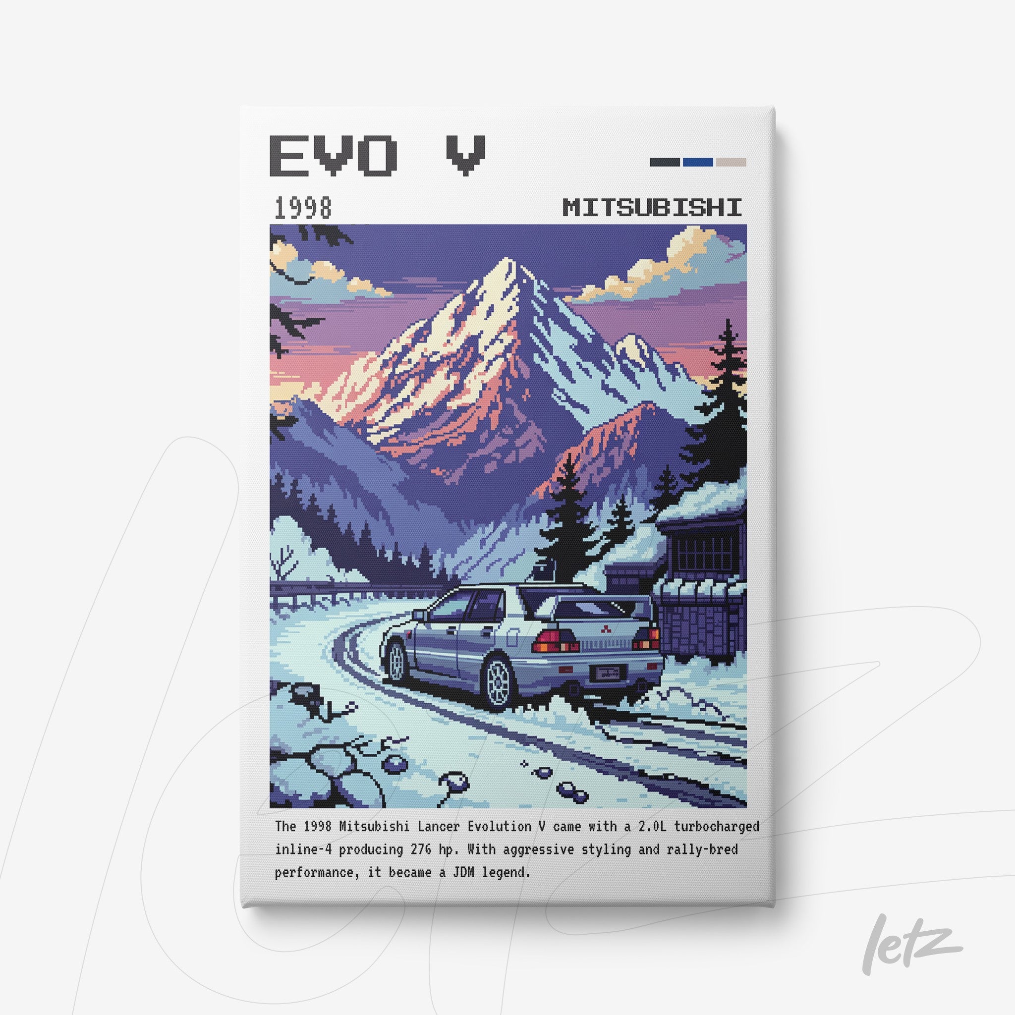 pixel art print of a 1998 Mitsubishi Lancer Evolution V on a mountain road at sunset with a white frame