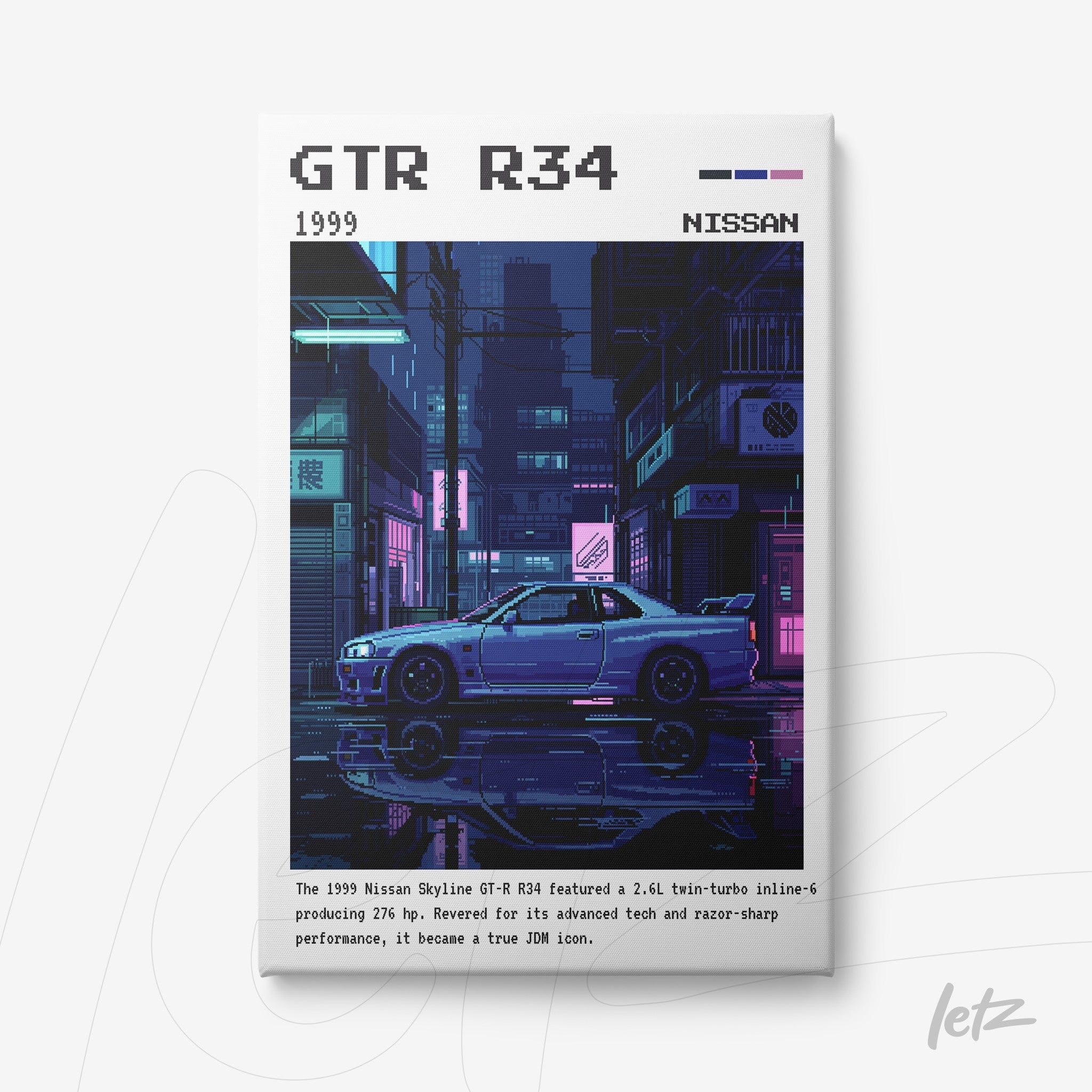 pixel art print of 1999 nissan skyline gtr r34 car in a neon-lit urban night scene
