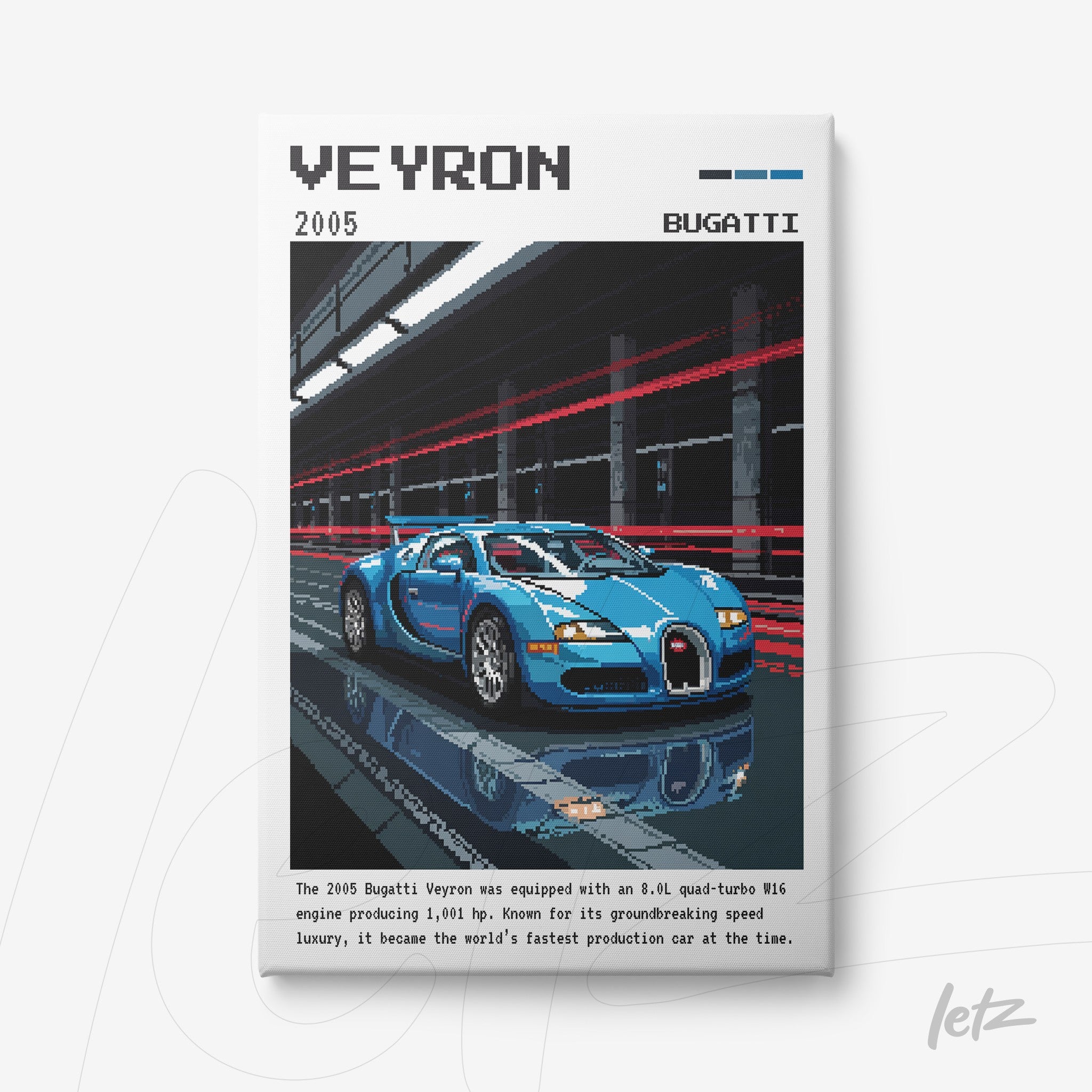 pixel art poster featuring a blue Bugatti Veyron against a dark background with red motion lines