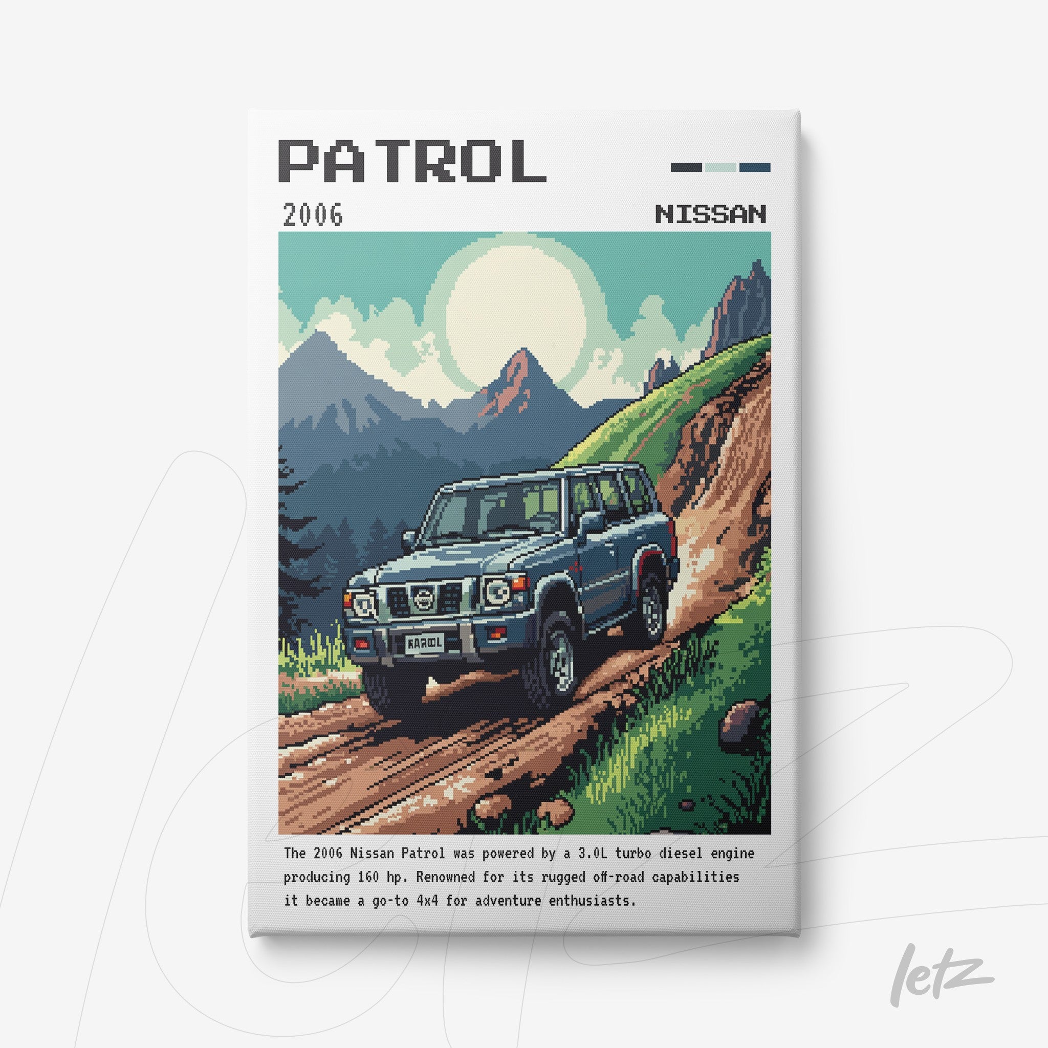 pixel art print of a 2006 Nissan Patrol driving on a mountain road