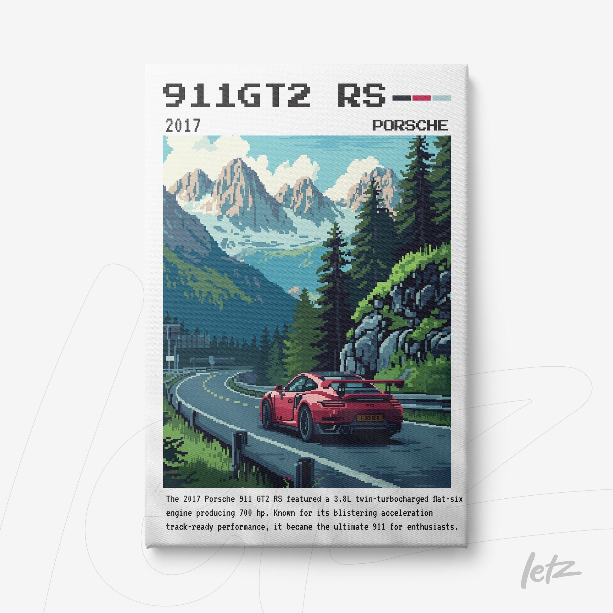 digital artwork of a Porsche 911 GT2 RS on a mountain road with trees and mountains in the background