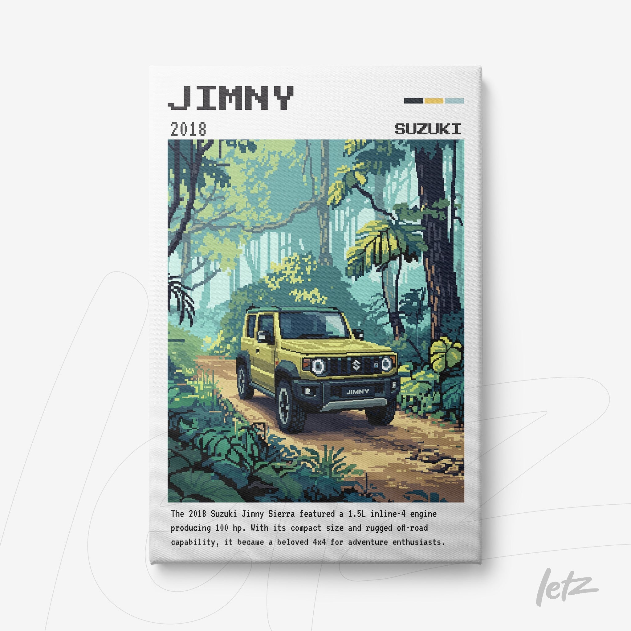 pixel art print of Suzuki Jimny car amidst tropical nature