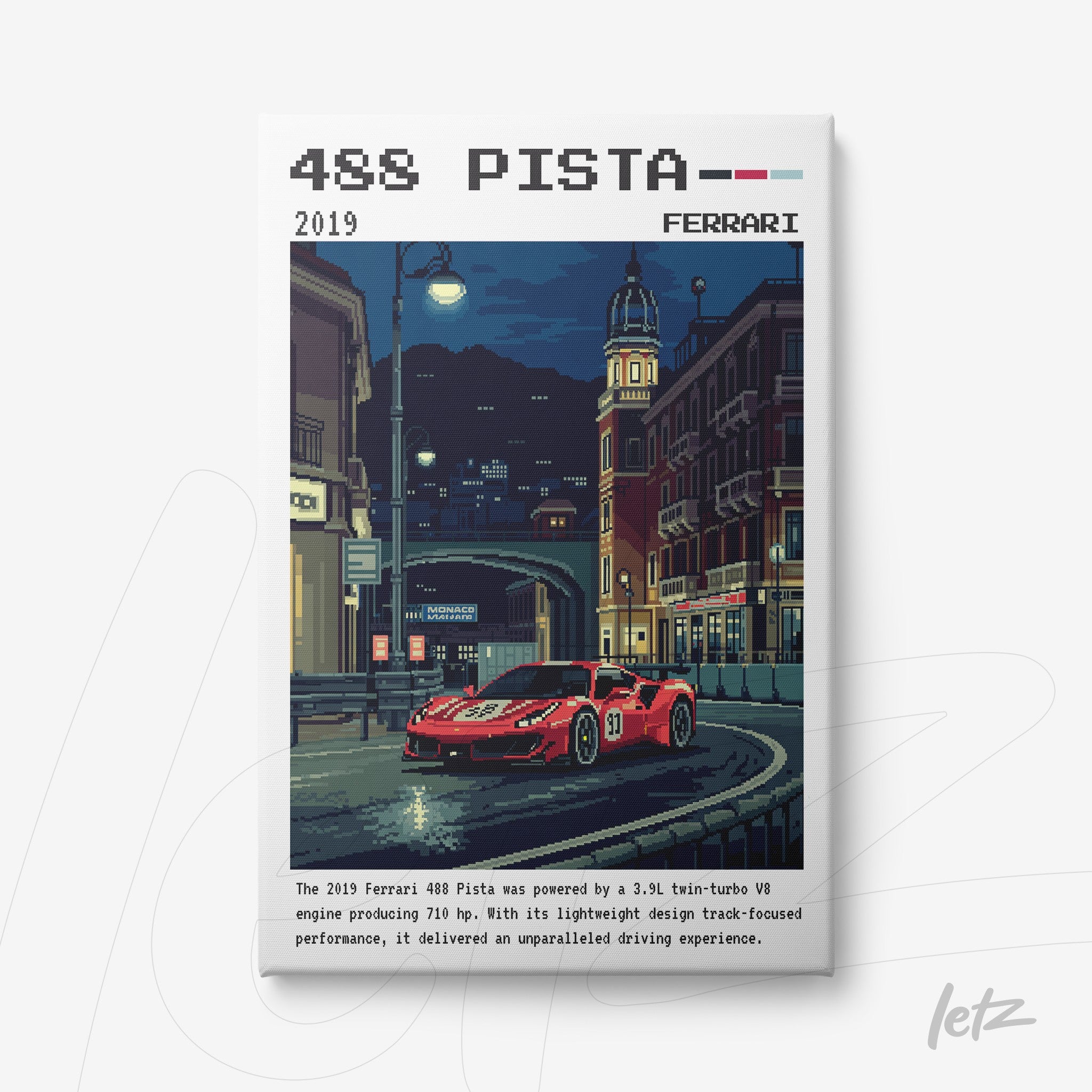 pixel art print of a red Ferrari 488 Pista parked on a city street at night