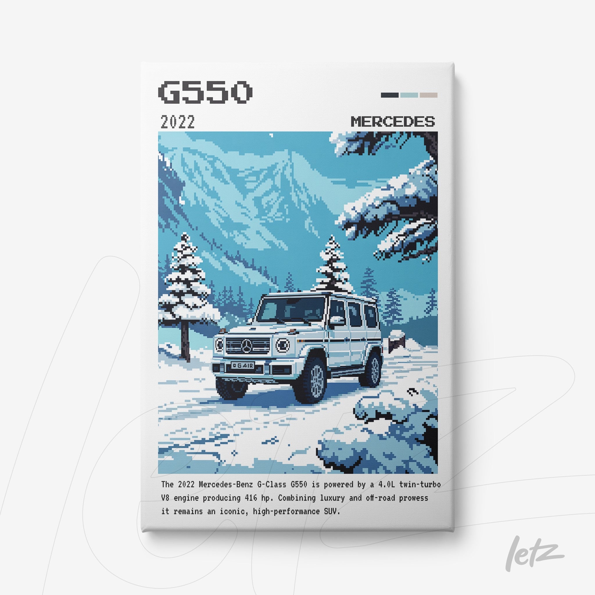 digital art poster of a Mercedes-Benz G550 in a snowy mountain landscape