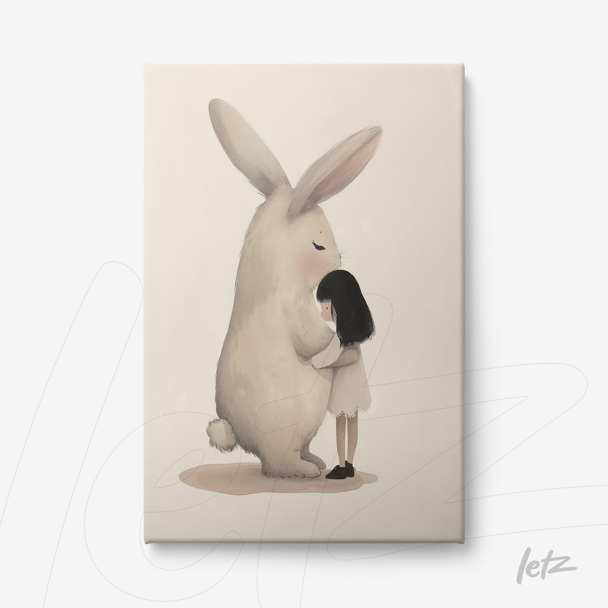 digital artwork of a girl hugging a giant rabbit on a light background with soft texture