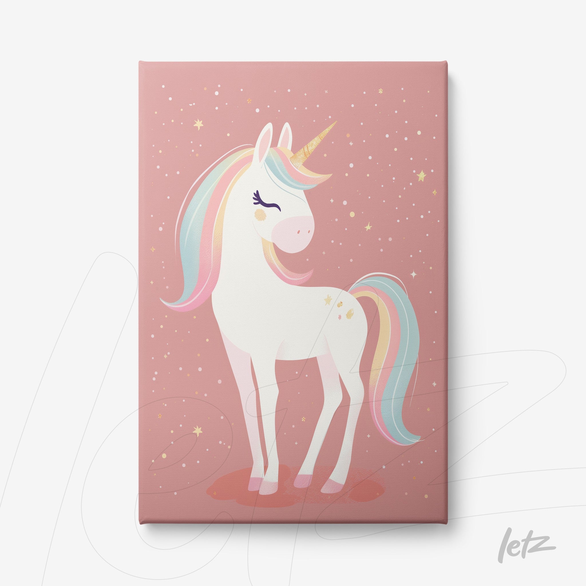 canvas print featuring a stylized unicorn on a pink background with stars