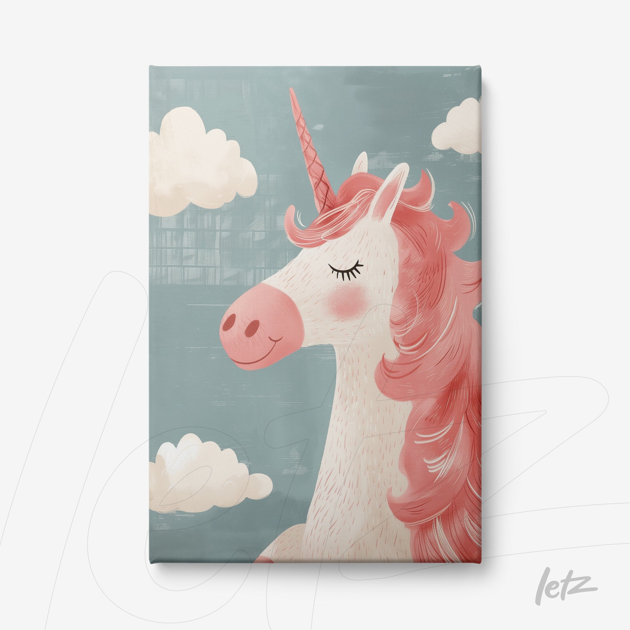 canvas print of a unicorn with pink mane against a blue background featuring white clouds