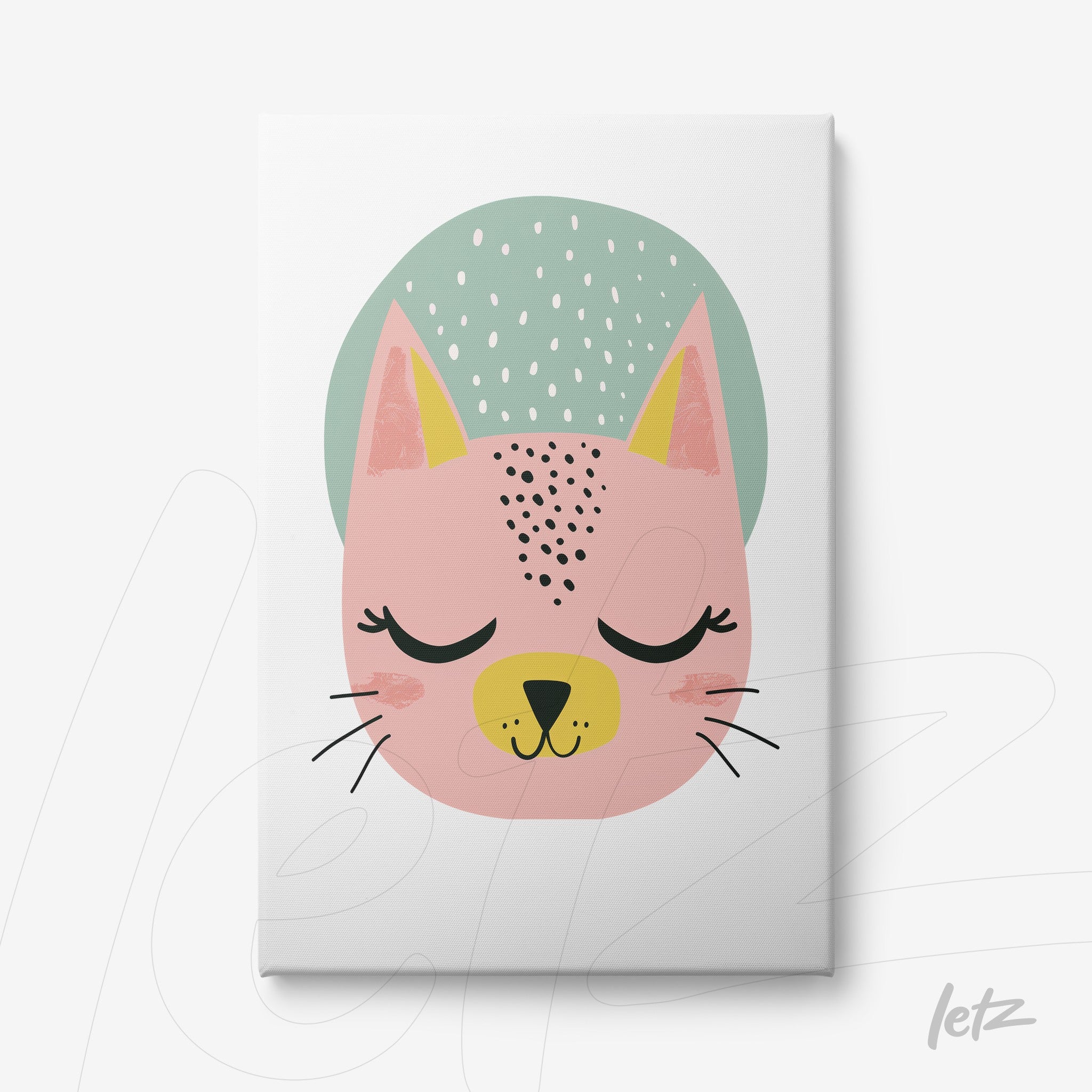 canvas print featuring a pink cat illustration with a blue hat and closed eyes
