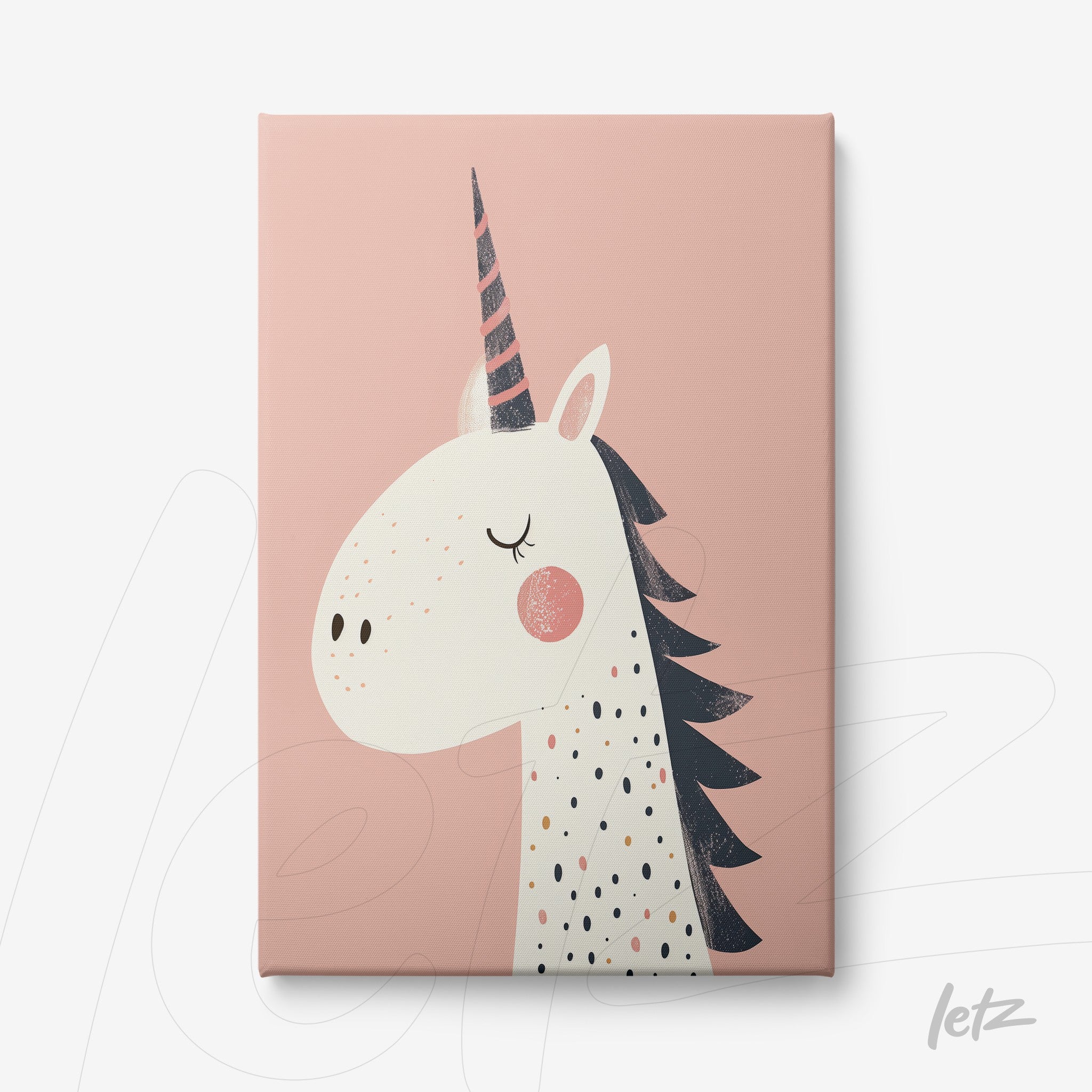 canvas print featuring a unicorn illustration on a soft pink background