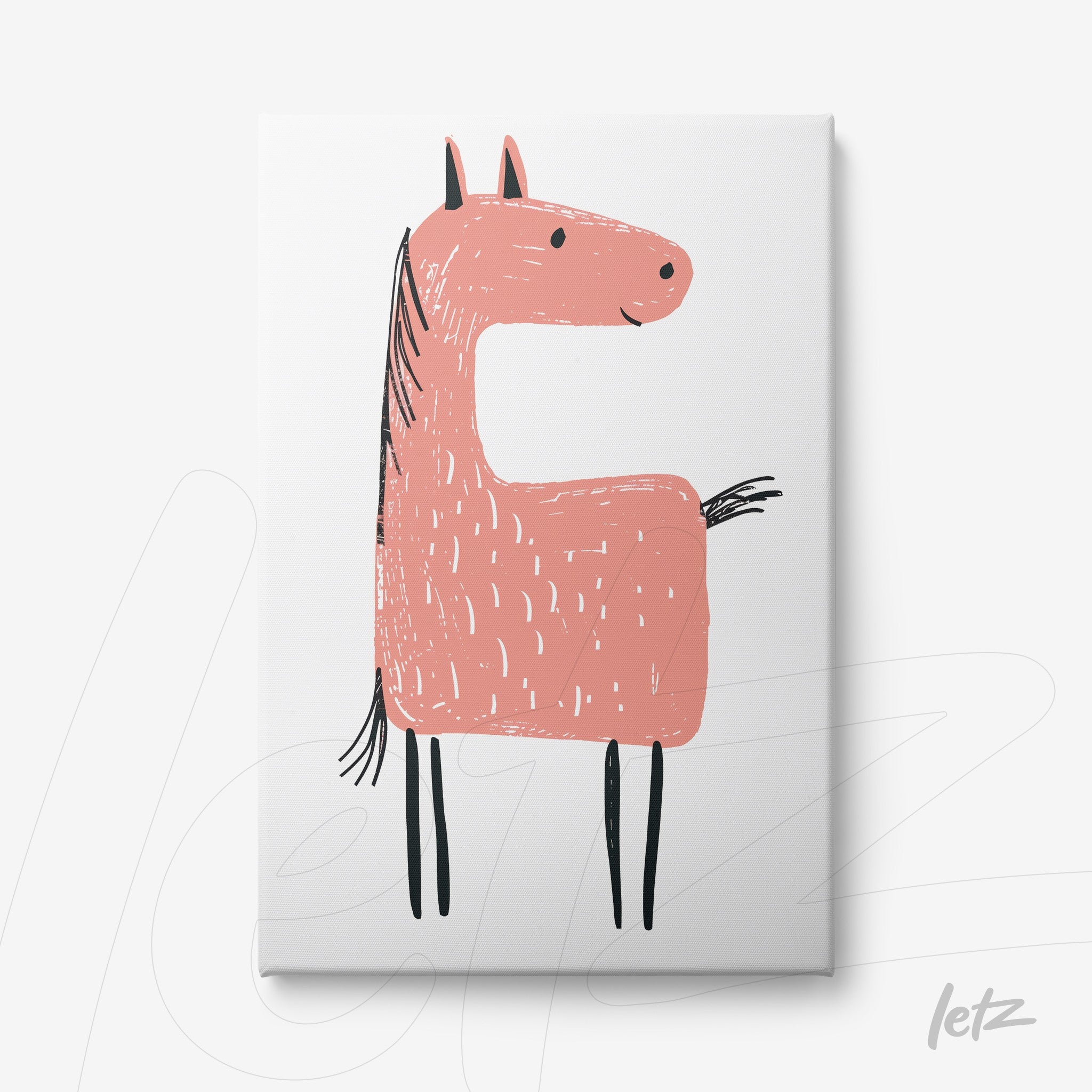 canvas artwork featuring a stylized pink horse illustration on a white background