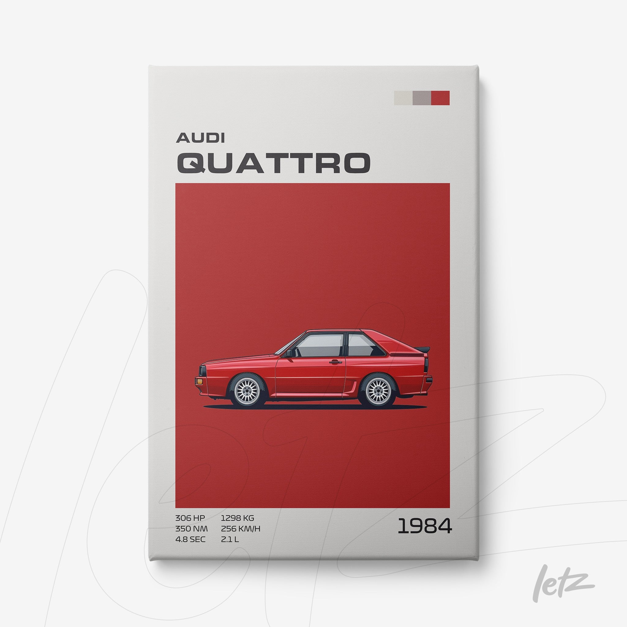 framed artwork featuring a stylized illustration of the 1984 Audi Quattro on a red background