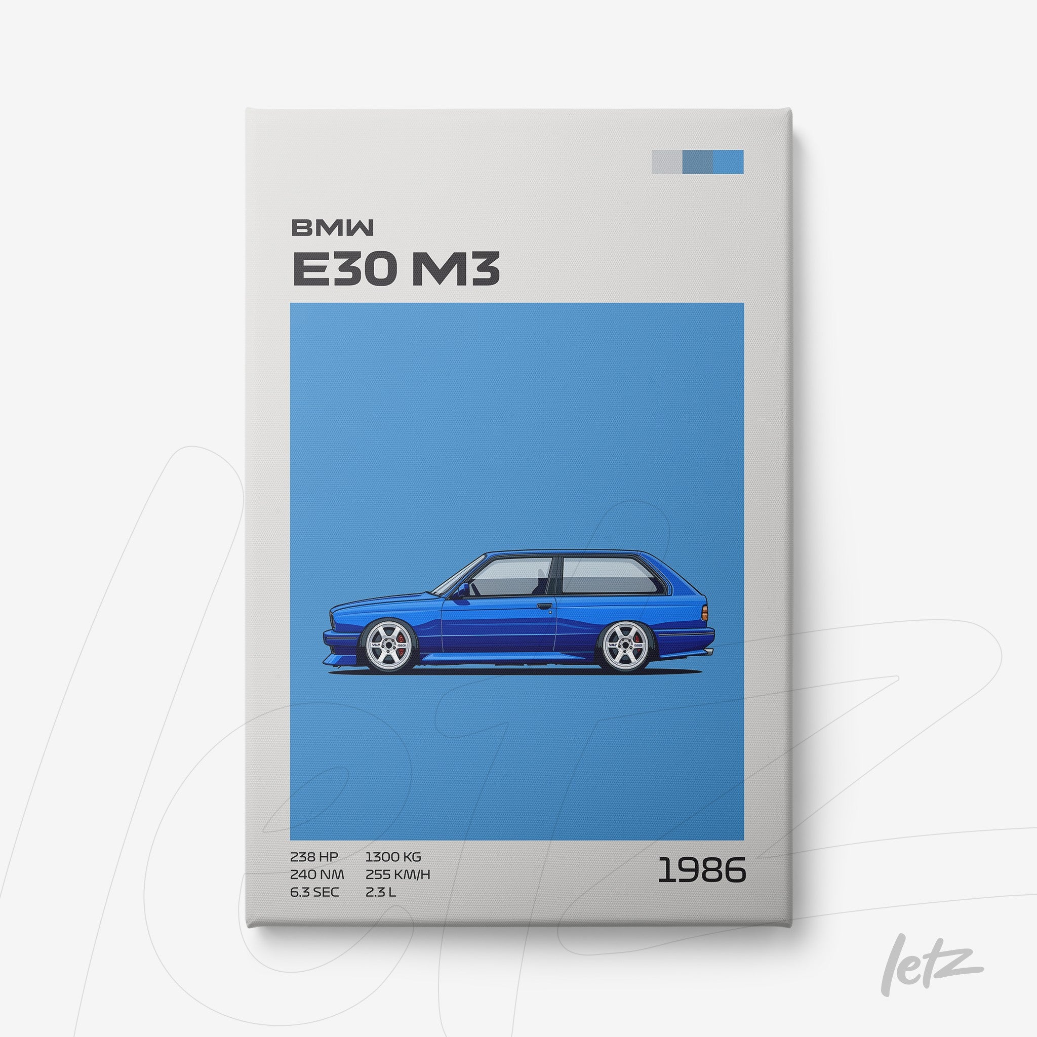 framed digital art of the BMW E30 M3 in vibrant blue background