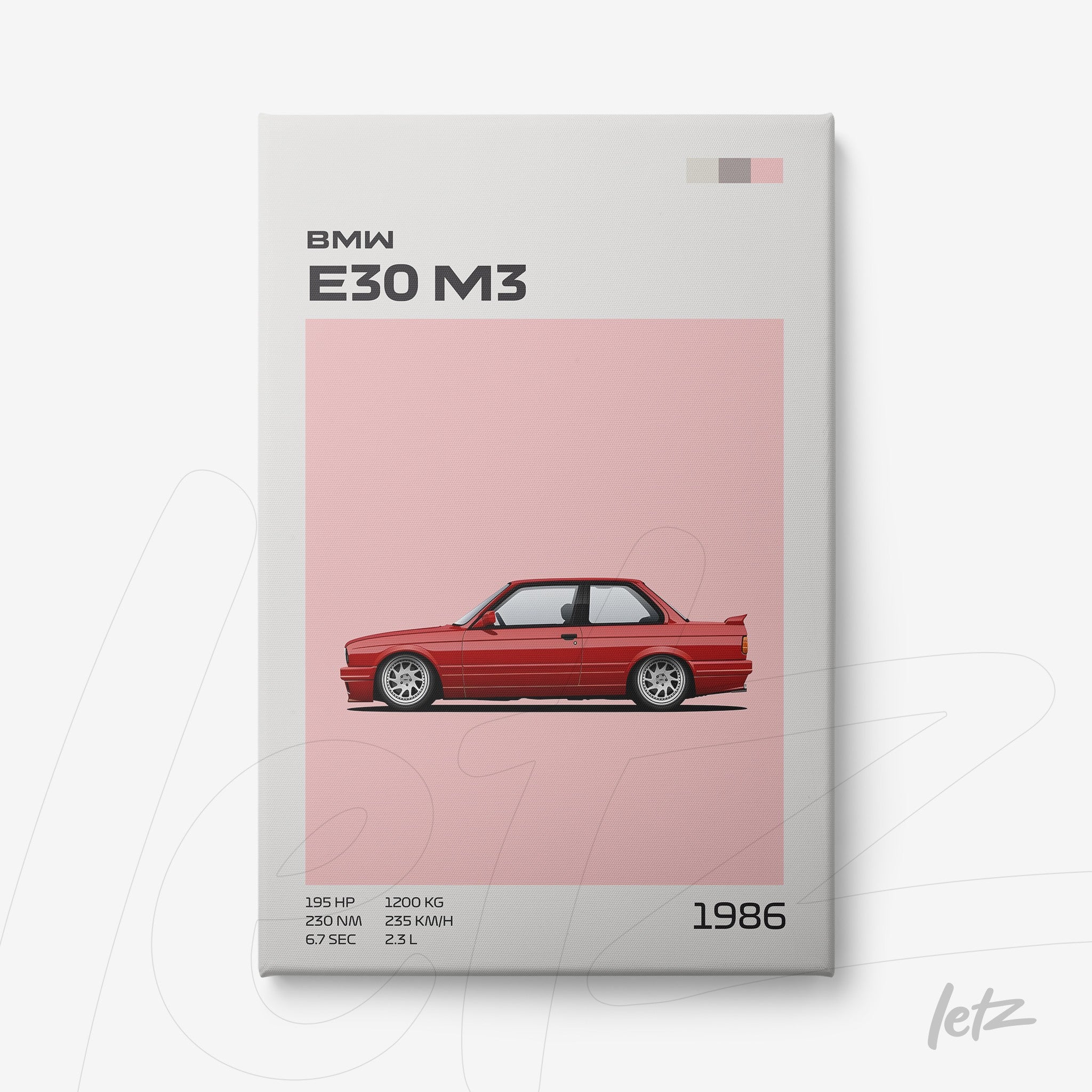 framed art featuring minimalist illustration of BMW E30 M3 on light pink background