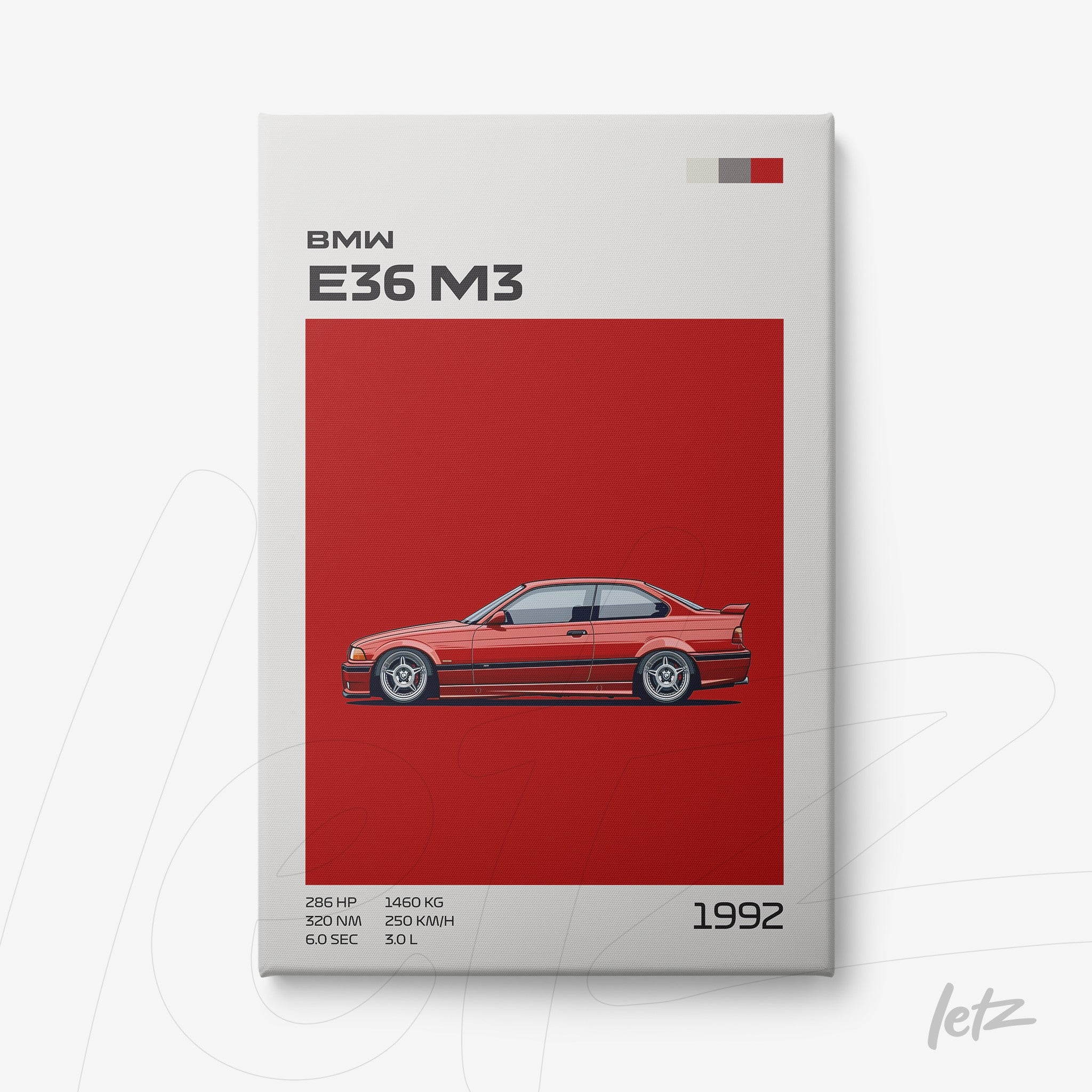 canvas print featuring digital art of BMW E36 M3 over a red background with modern technical details