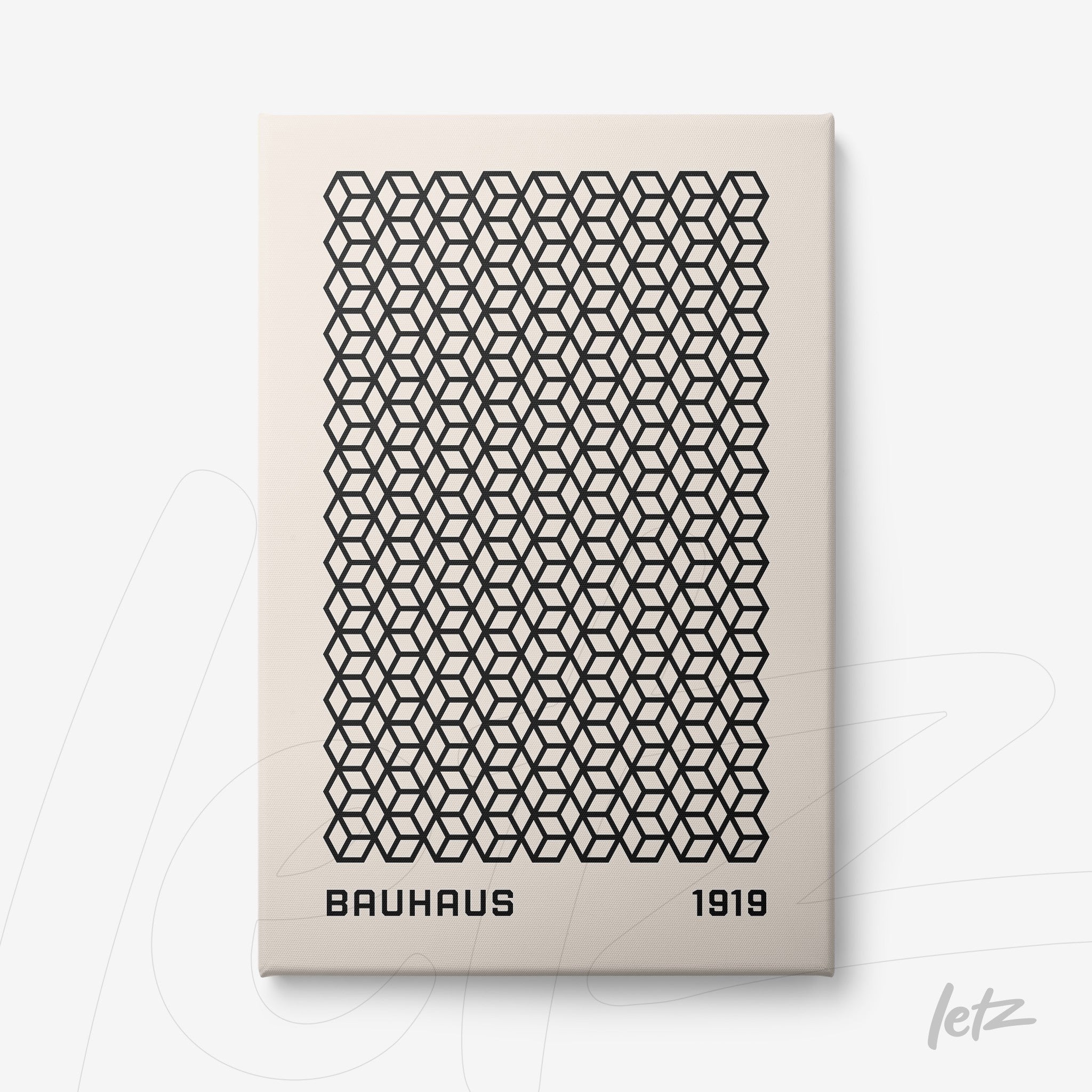 poster print featuring a geometric bauhaus style pattern with a black grid-like texture on a beige background