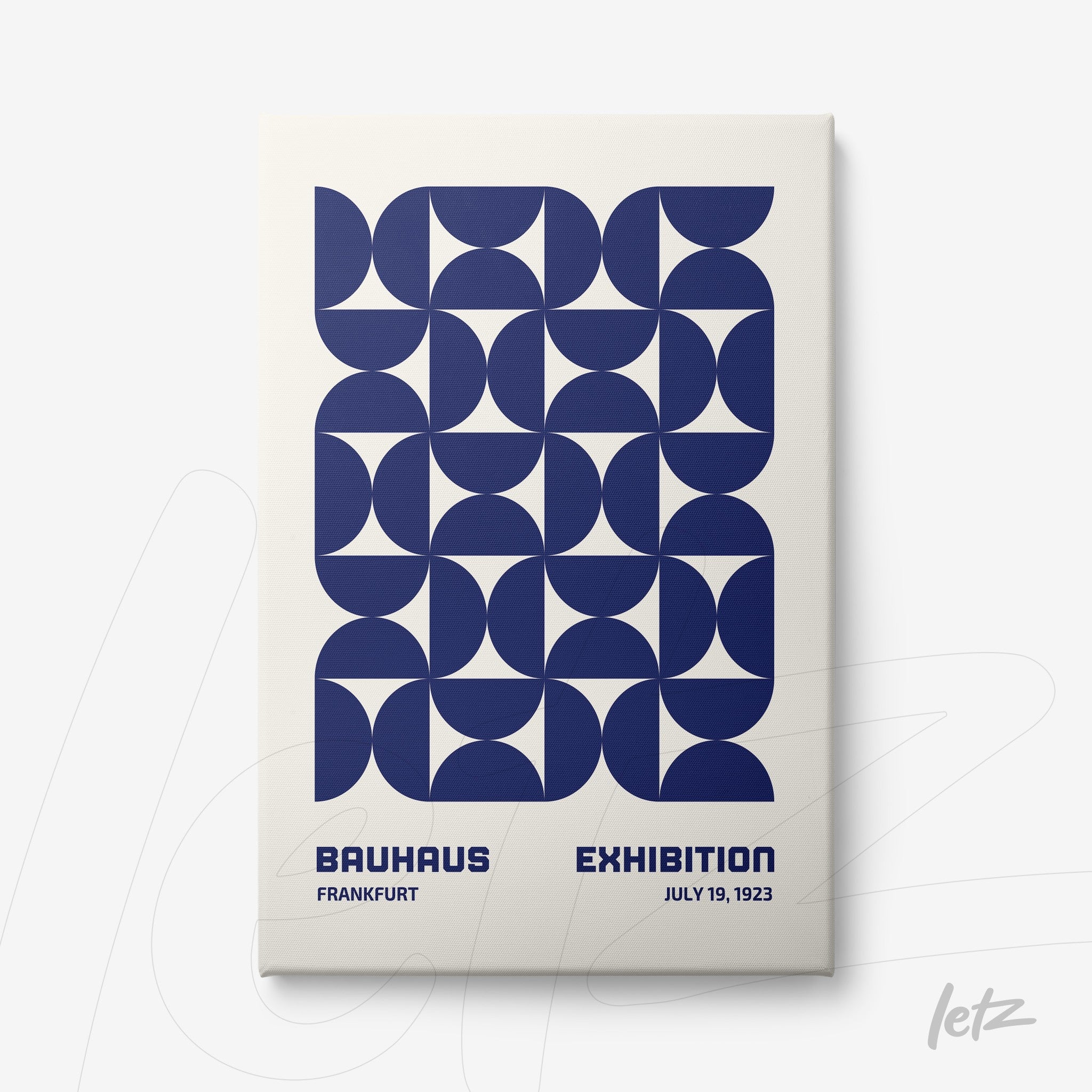poster print with blue geometric pattern and text bauhaus exhibition frankfurt july 1923 on white background