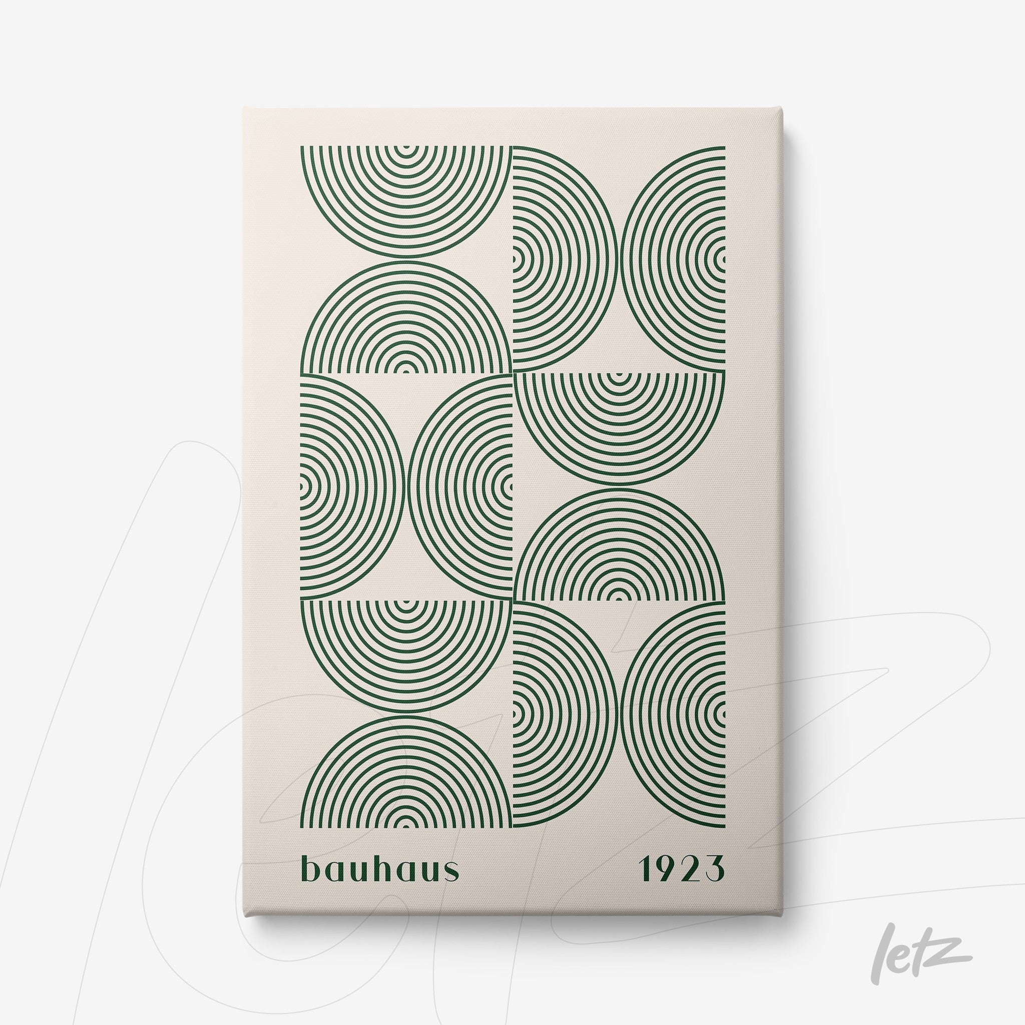 poster print with abstract art of green concentric circles and bauhaus 1923 lettering on beige background