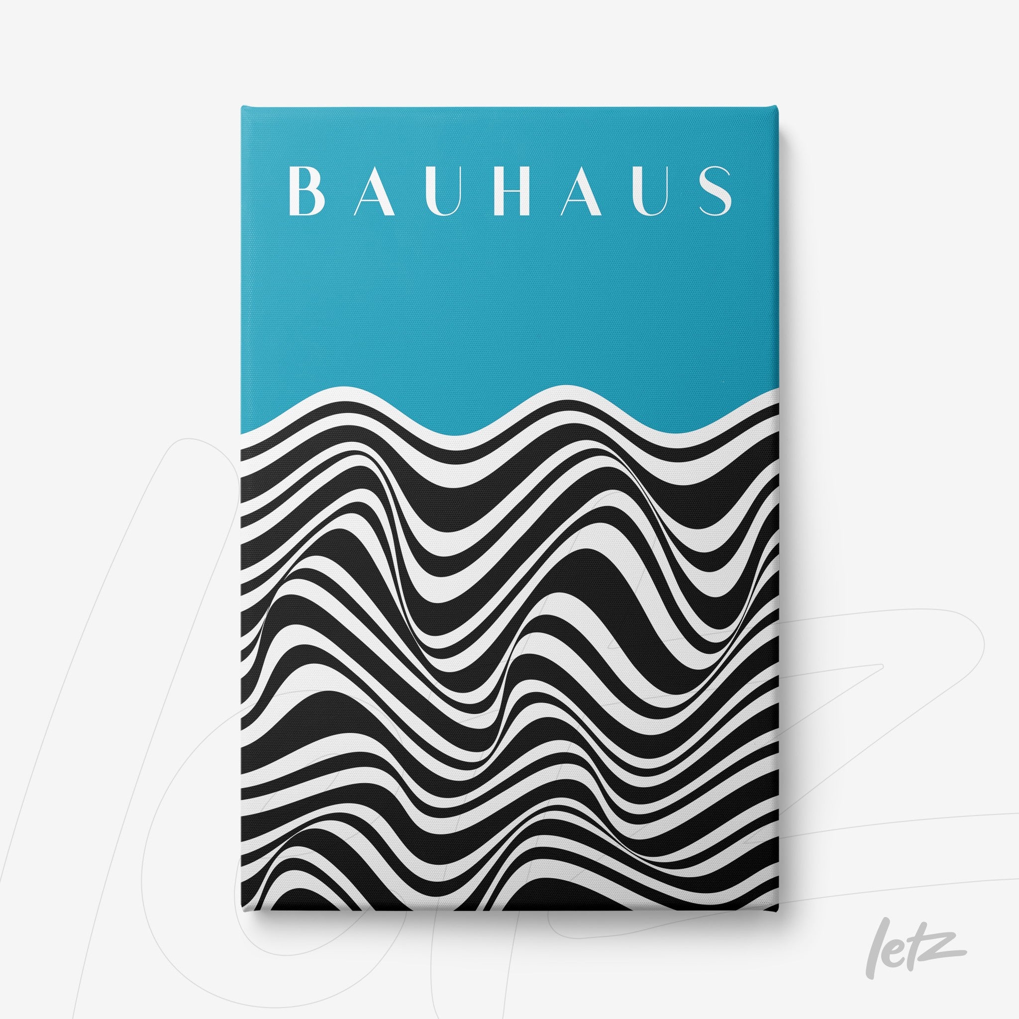 canvas print featuring a wavy geometric black and white design on a blue background with the text 'bauhaus'