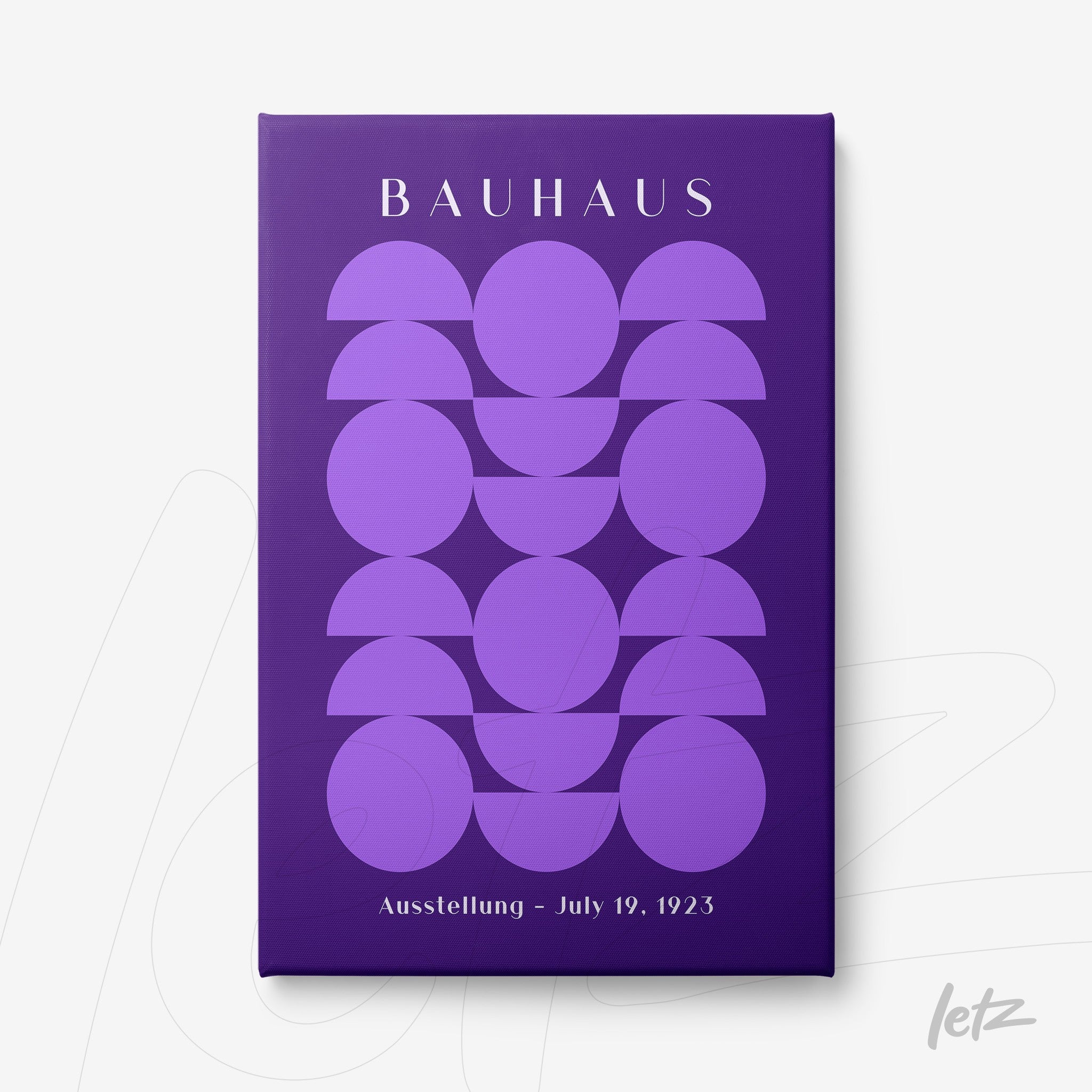 canvas with geometric art inspired by the Bauhaus movement in shades of purple on a dark background