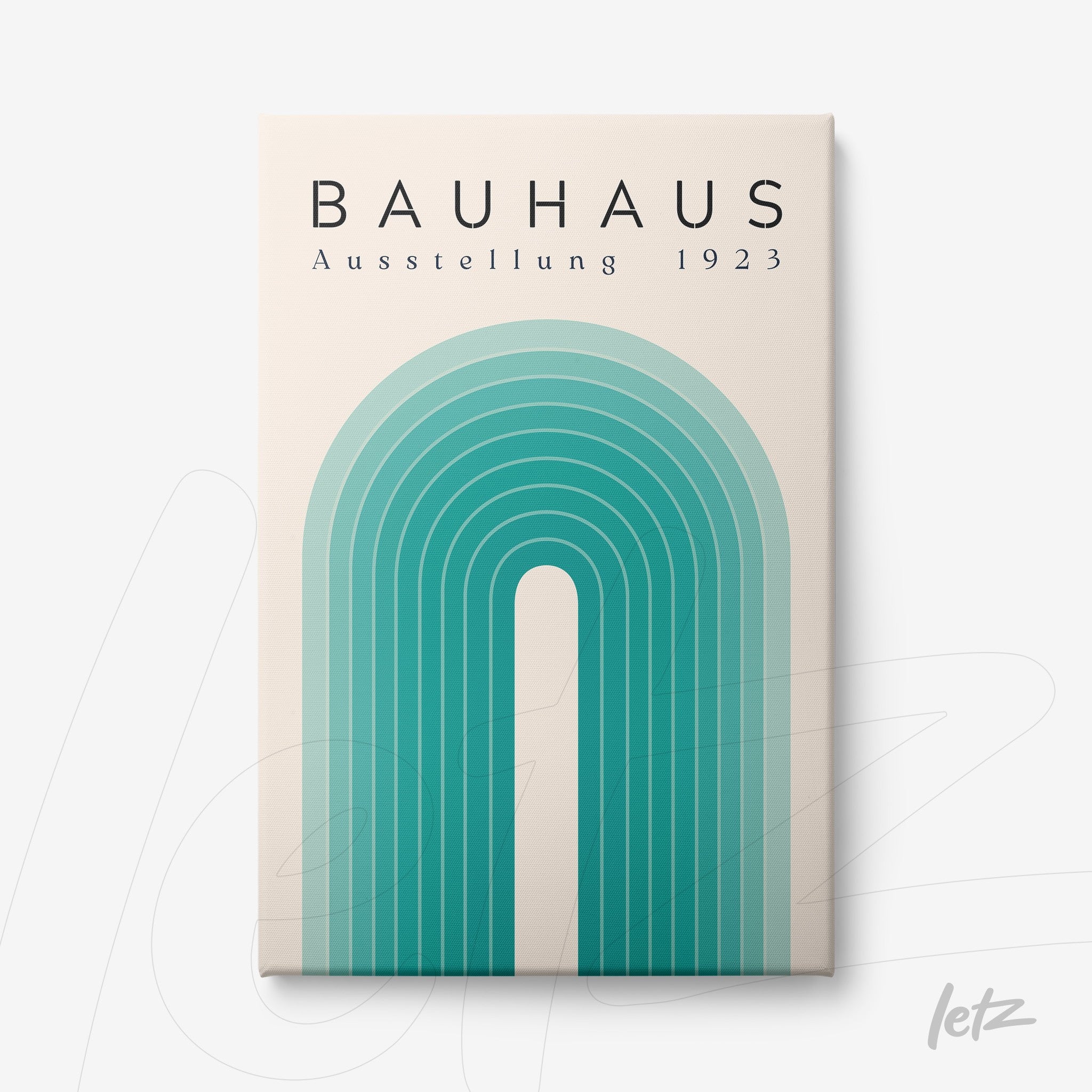 poster featuring Bauhaus style geometric design with the title 'Bauhaus Ausstellung 1923' and concentric blue arches on a white background
