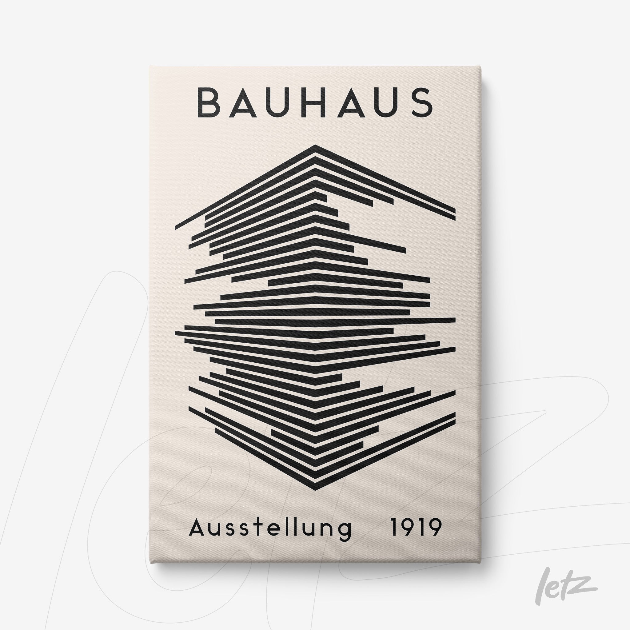 poster featuring geometric black line design on beige background, top text 'Bauhaus' and bottom text 'Ausstellung 1919'