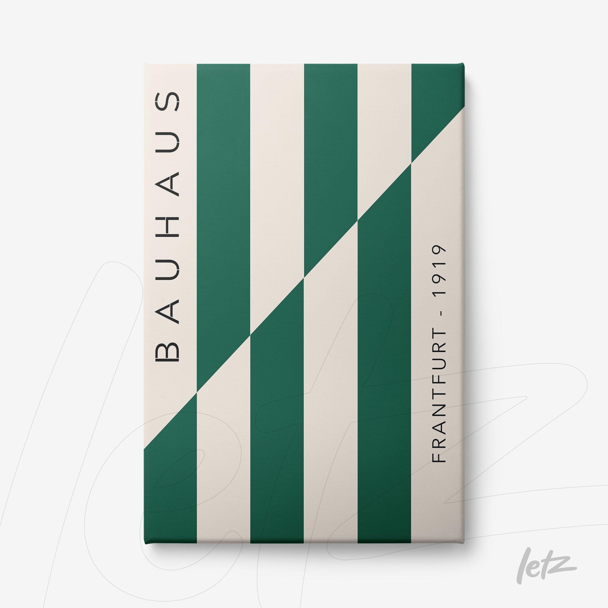 canvas print featuring geometric Bauhaus style art in green and white with vertical text