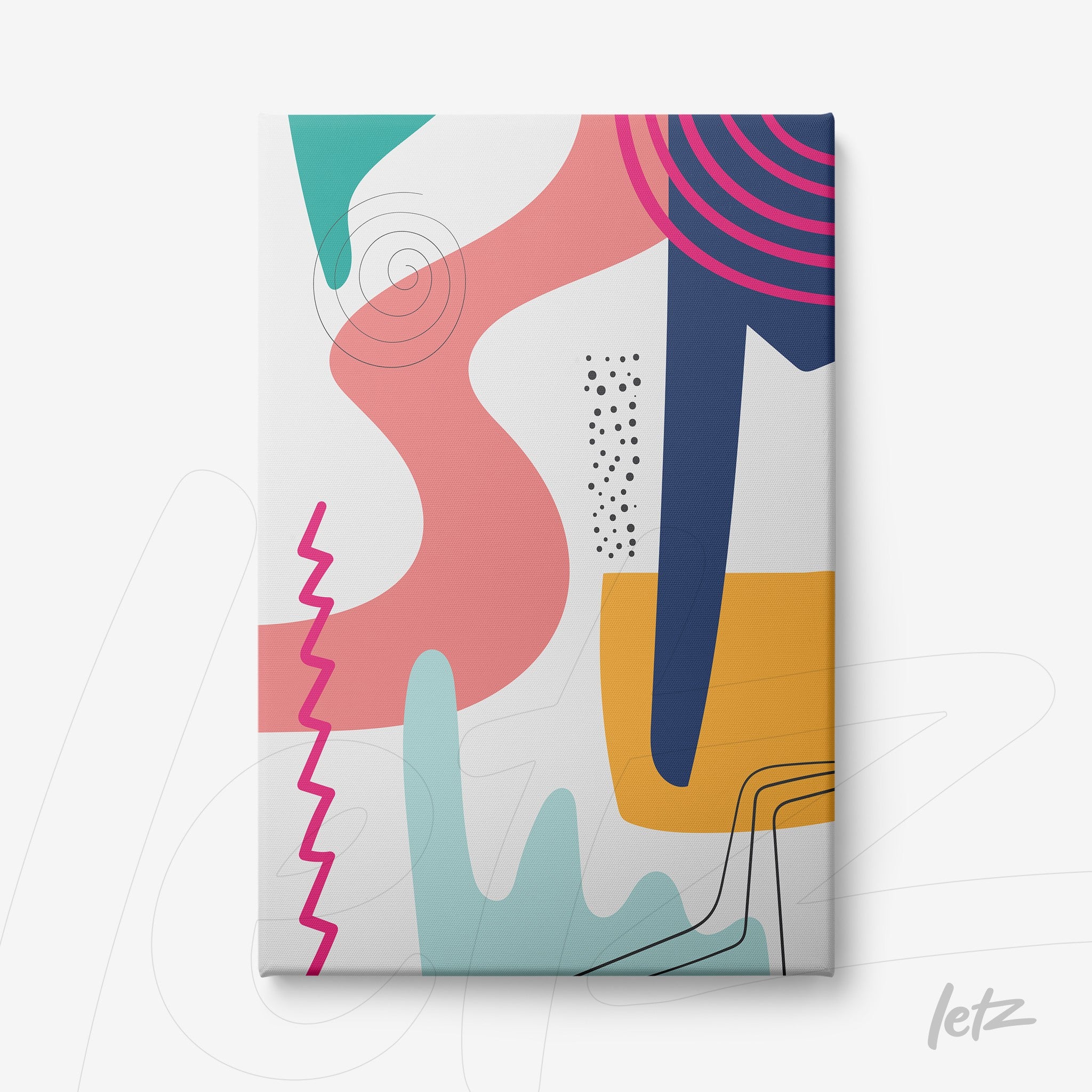 impressão em tela canvas com arte geométrica abstrata em tons de rosa, azul, laranja e verde sobre fundo branco