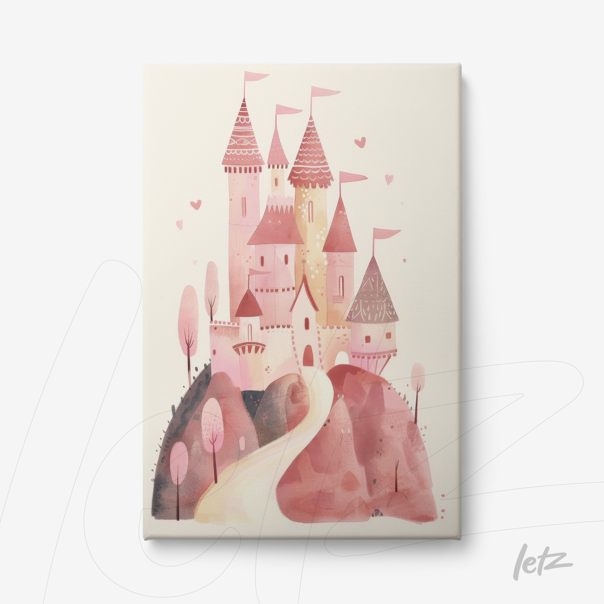 canvas print featuring a pink castle surrounded by soft-toned trees