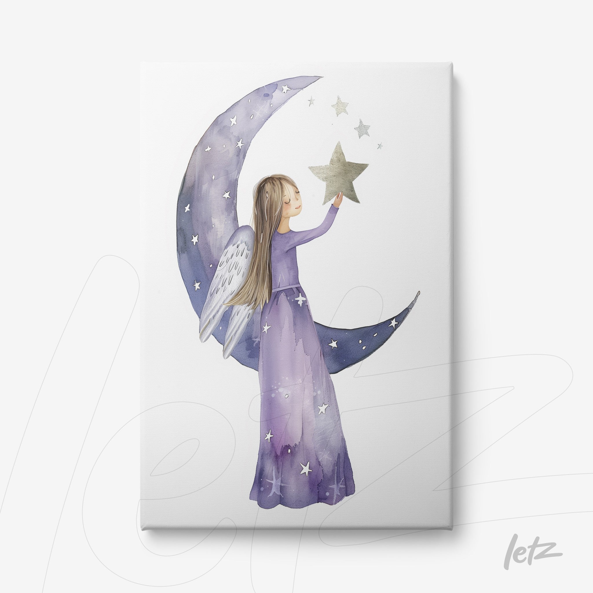 canvas print featuring an illustration of a girl in a purple dress holding a star next to a crescent moon on a white background