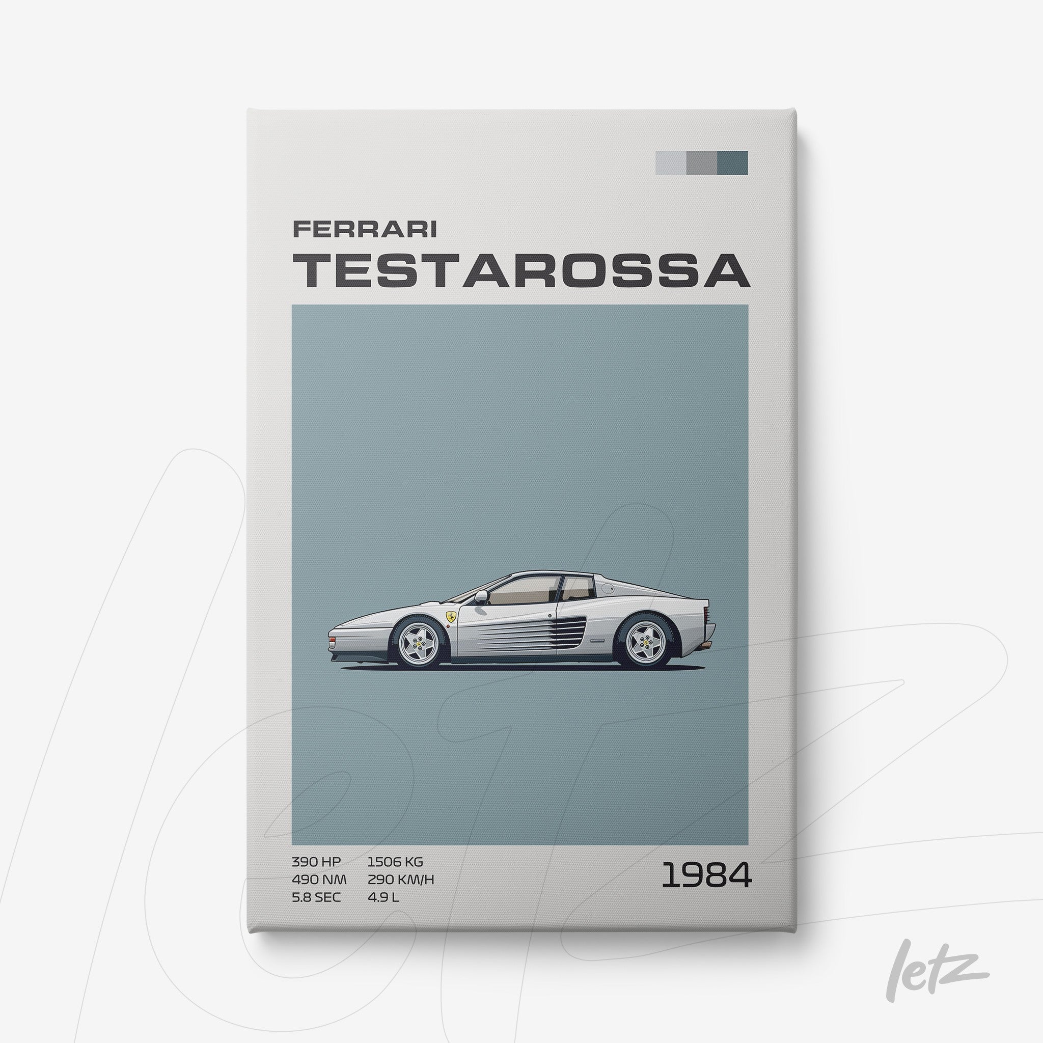 canvas print featuring an illustration of a Ferrari Testarossa on a light blue background