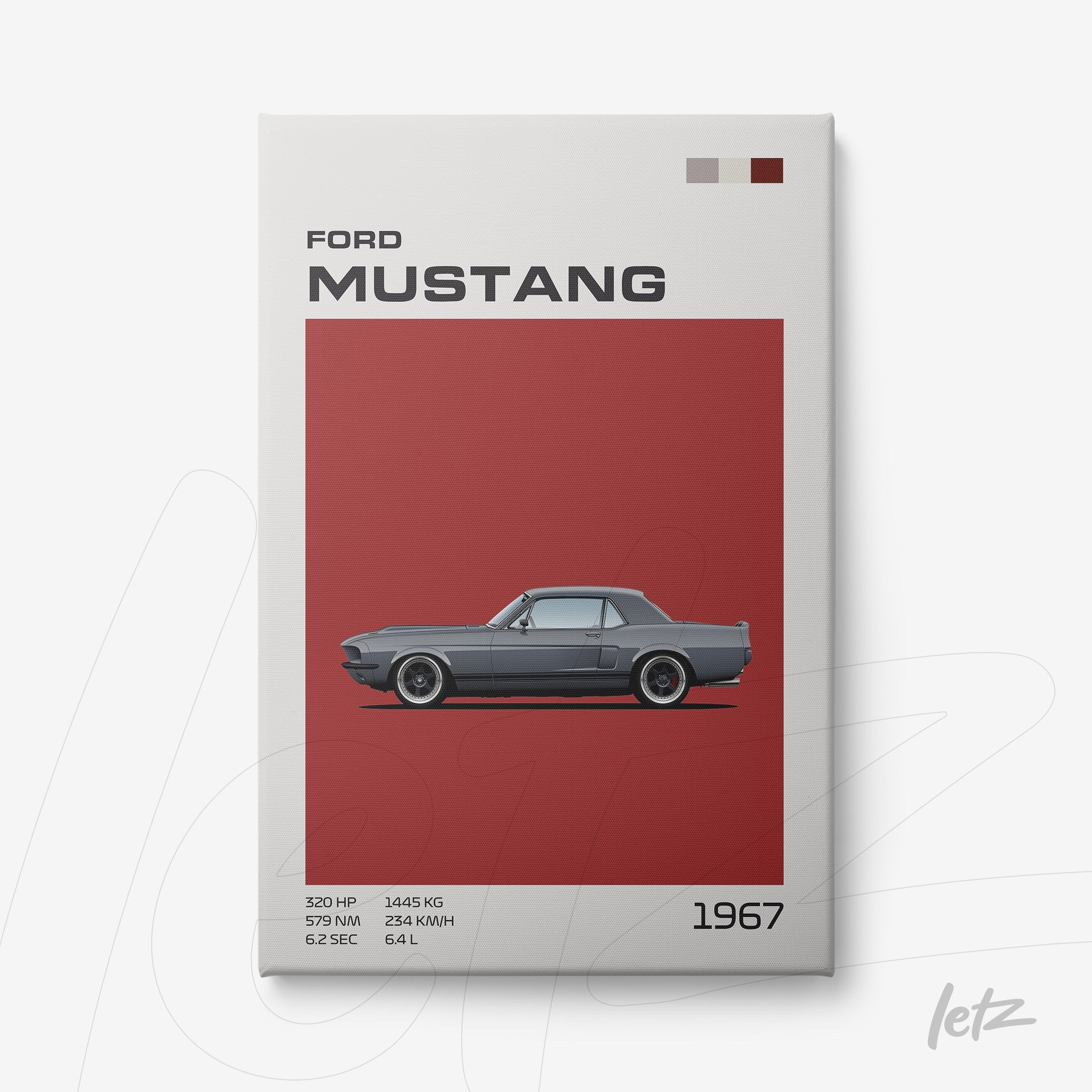 framed illustration of 1967 ford mustang in minimalist style with red background