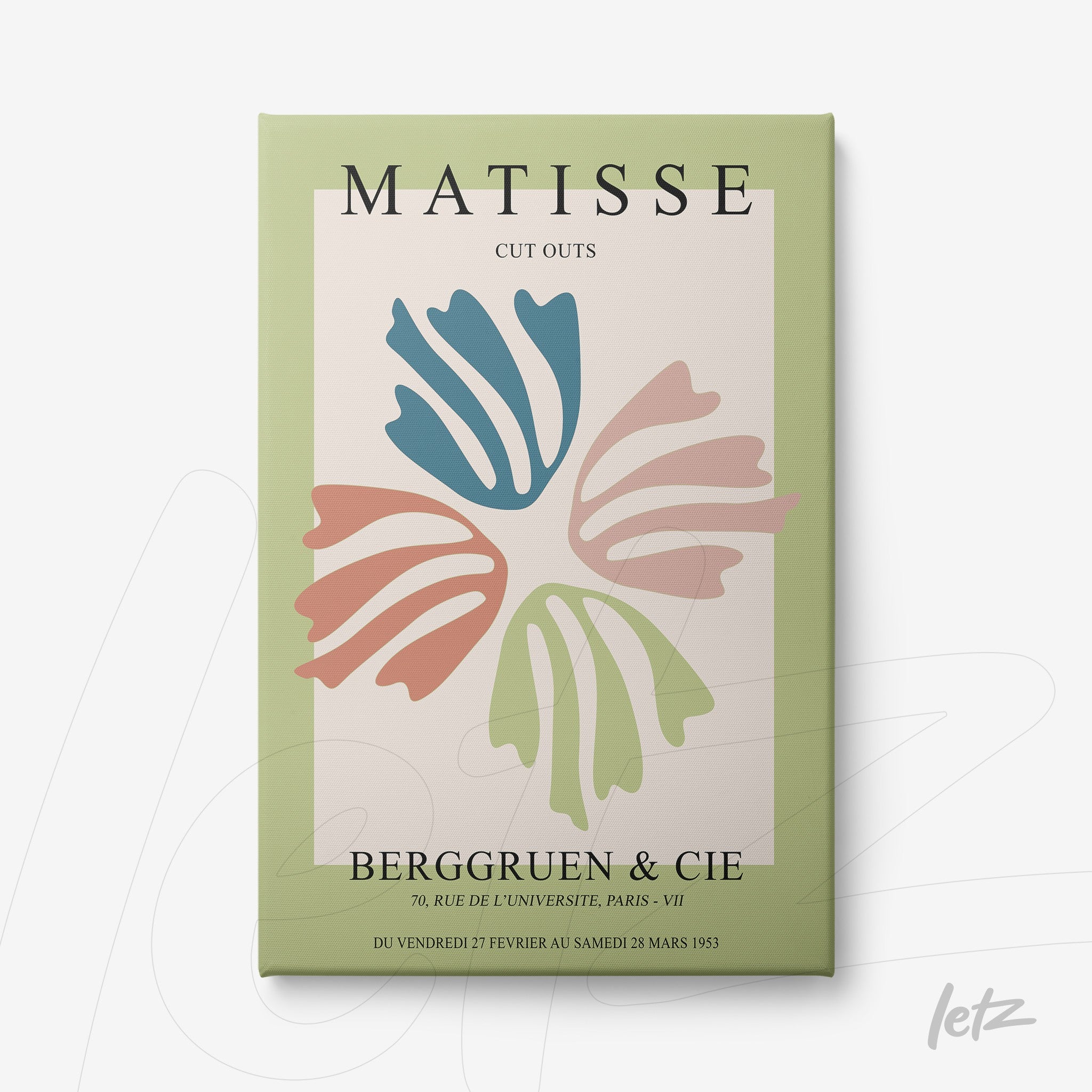 canvas print featuring stylized cutouts by Matisse, displayed on a light green background